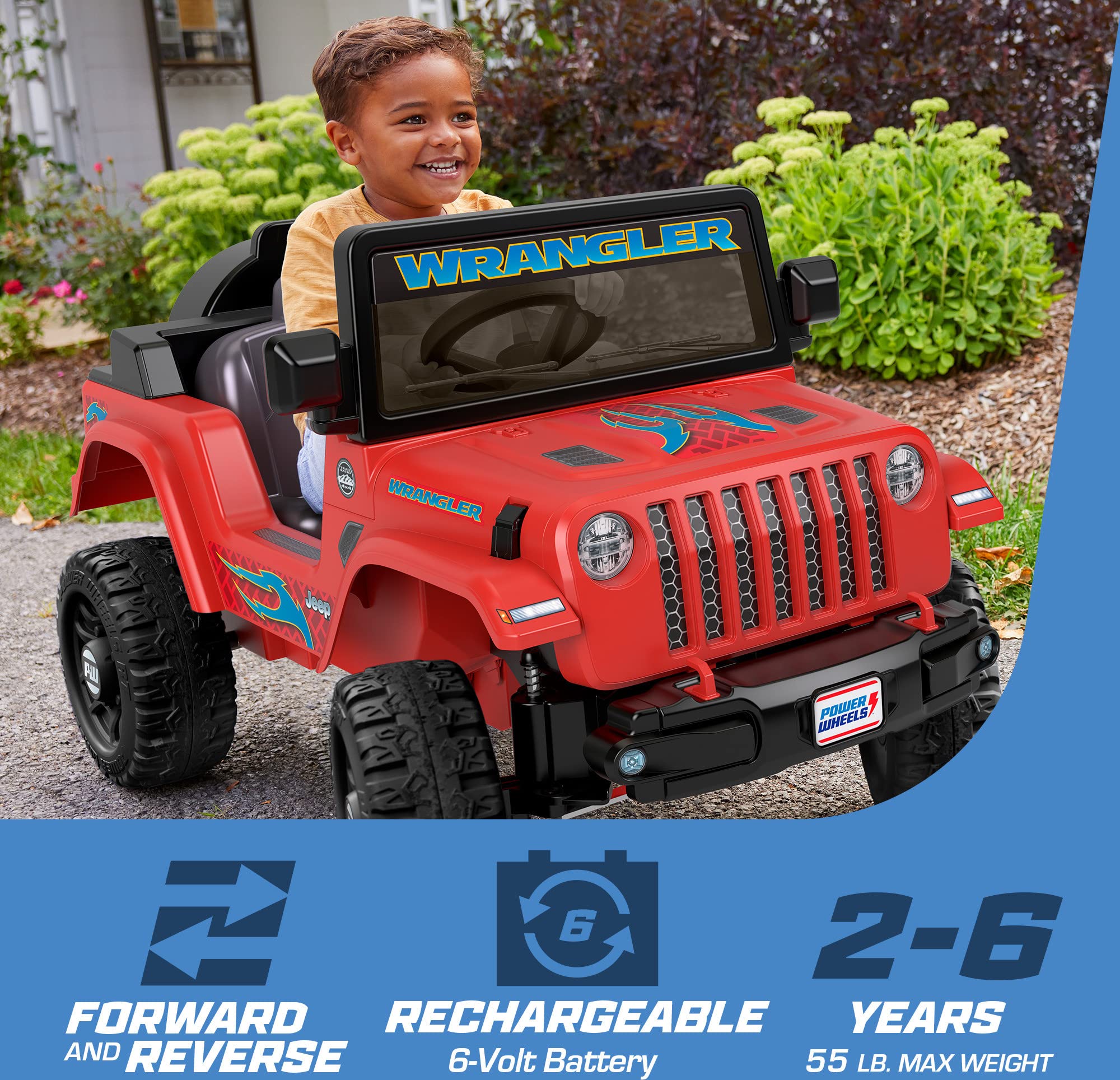 Power Wheels Jeep Wrangler Ride-On Toy for Kids Ages 2+ - Red Electric Car with Driving Sounds & Multi-Terrain Traction - Perfect for Outdoor Play & Backyard Adventures