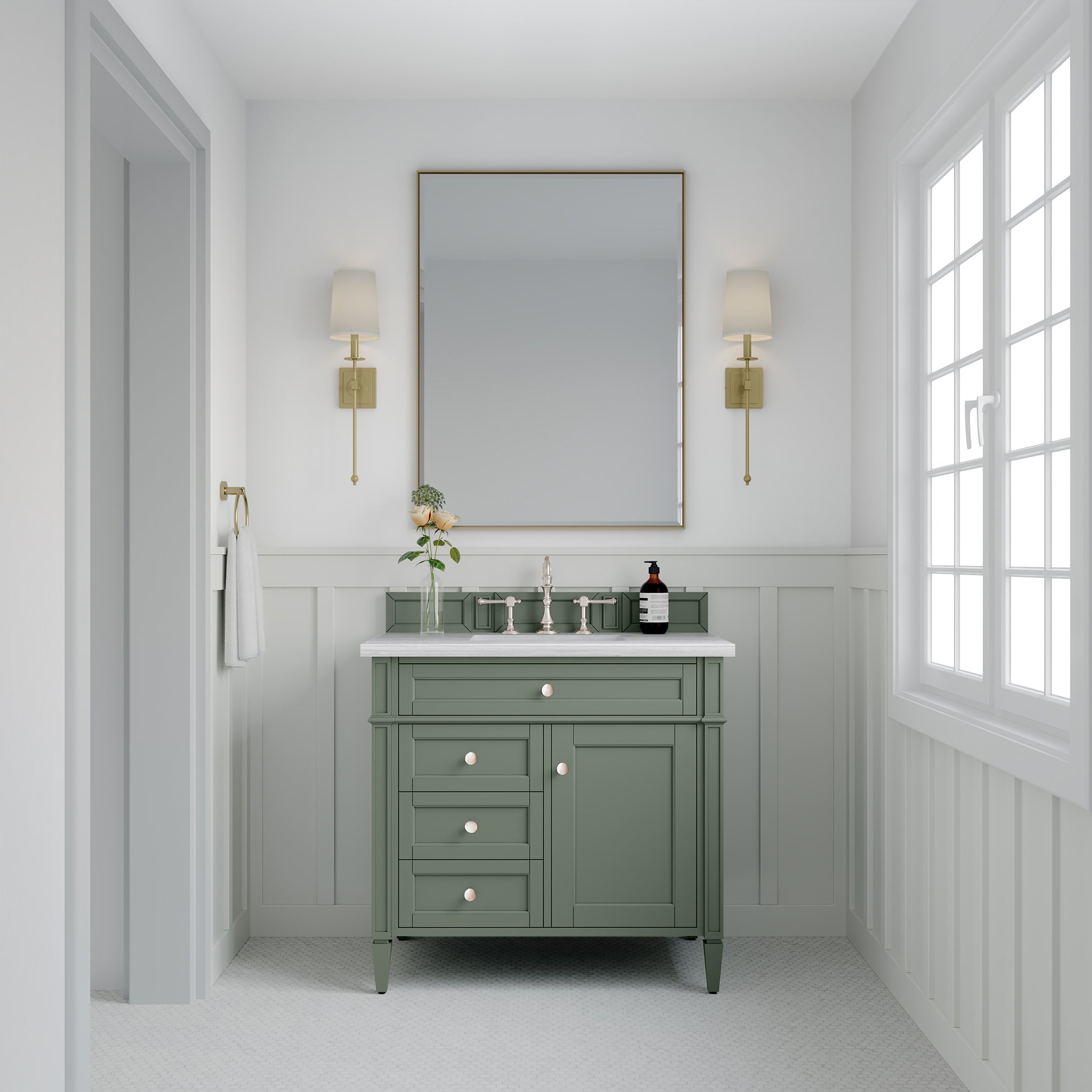 Brittany 36-Inch Single Bathroom Vanity with Smokey Celadon Finish & 3CM Arctic Fall Quartz Top - Perfect for Modern Master Bathrooms and Powder Rooms