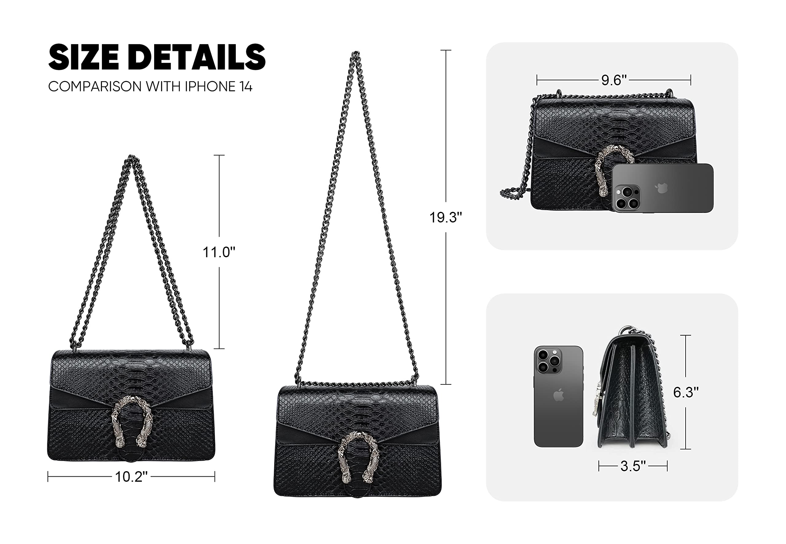 Women's JBB Crossbody Shoulder Bag - Snake Print Leather Evening Clutch with Chain Strap - Small Satchel Purse for Party, Date Night & Special Occasions
