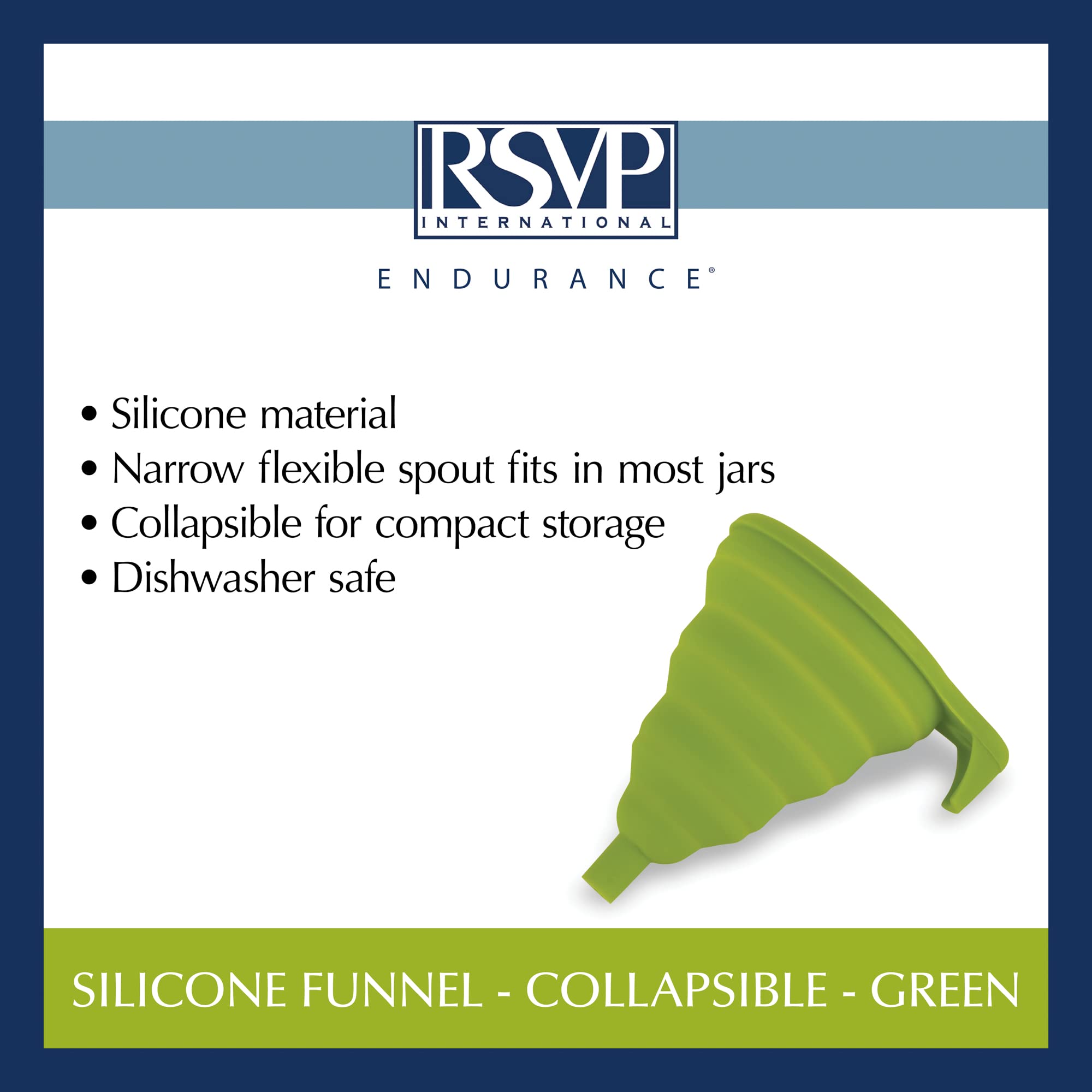 RSVP International Collapsible Silicone Funnel - Dishwasher Safe, BPA-Free Kitchen Tool (5.25x4.25x5.75 Inches) - Perfect for Baking, Cooking, Oil Transfer & Home Brewing - Green