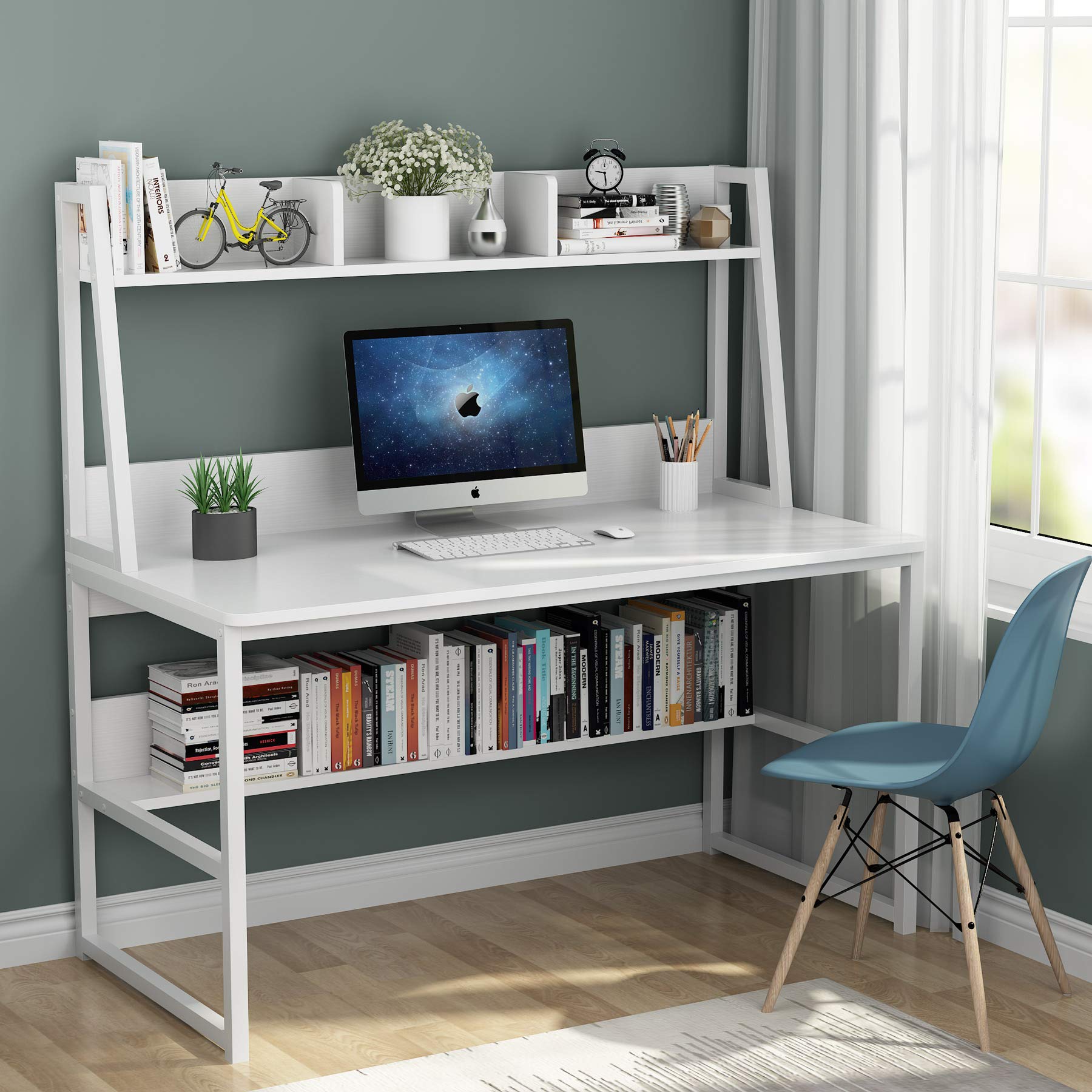 Tribesigns 47 Inch Modern Computer Desk with Hutch & Bookshelf - Sturdy Home Office Desk for Work, Study & Writing - Space Saving All White Workstation for Small Spaces & Apartments