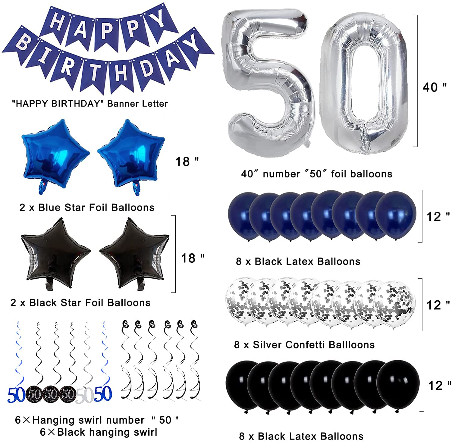 50th Birthday Party Decorations Set for Men & Women - Blue Happy Birthday Banner, Balloons & Party Supplies - Perfect for 50th Birthday Celebrations, Milestone Parties & Anniversary Decorations