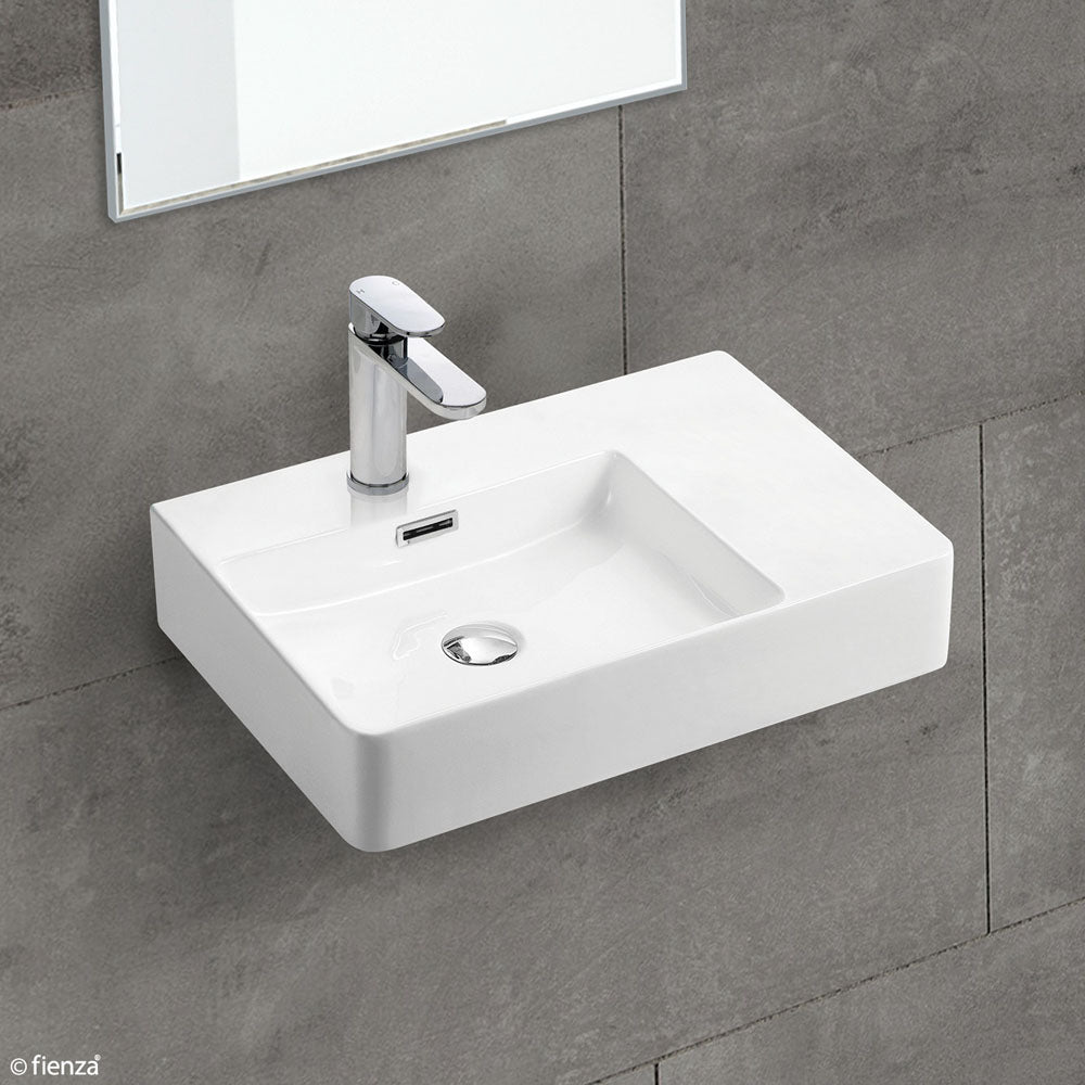 Fienza RB2223L Petra Wall-Mounted Single Tap Hole Bathroom Sink - Left Hand Drain, White Porcelain - Perfect for Modern Small Bathrooms & Powder Rooms