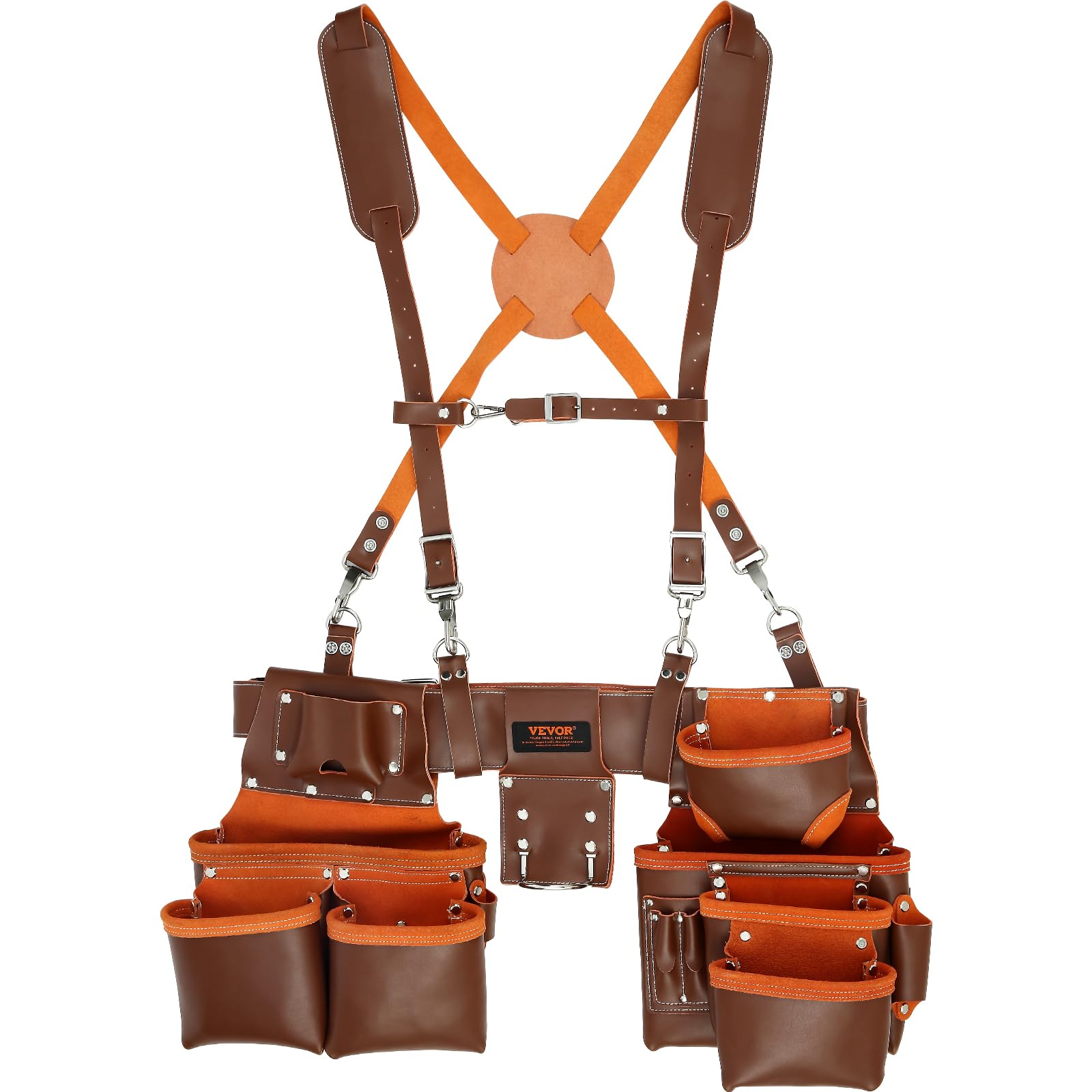 VEVOR Heavy Duty Leather Tool Belt with Suspenders - 19 Pockets Adjustable Waist 29-54 inches - Professional Carpenter Electrician Gardening Work Belt - Perfect for Construction, Woodworking & Outdoor Projects (Brown)