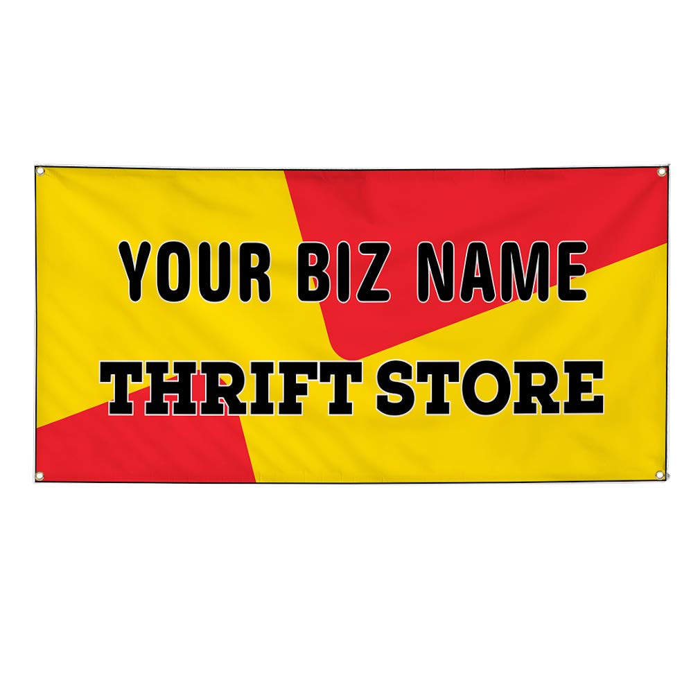 Custom Industrial Vinyl Banner for Business & Thrift Stores - 12x30 Inches (Red & Yellow) | Durable Outdoor Advertising Sign for Storefronts, Sales & Events