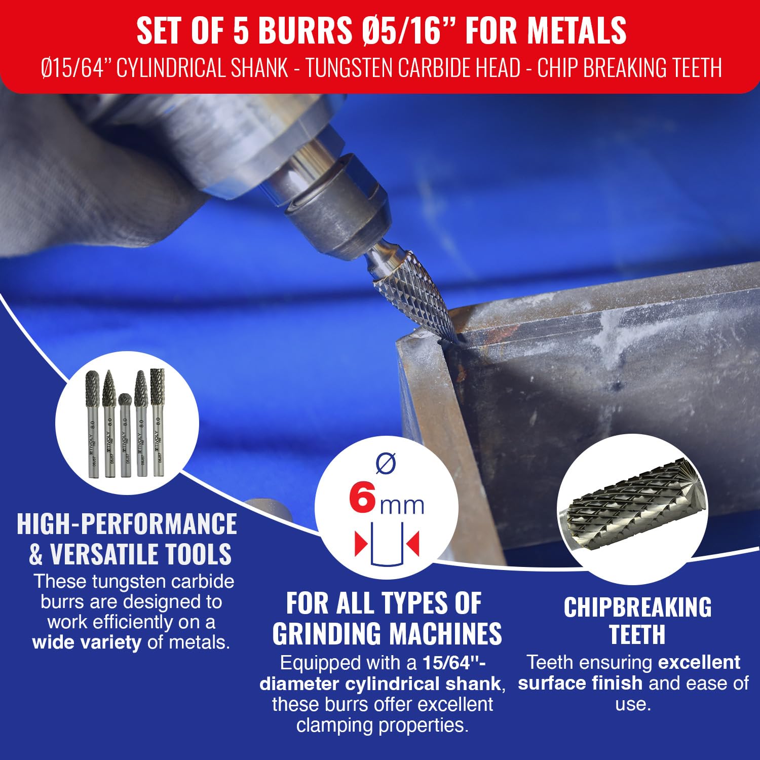 5-Piece Tungsten Carbide Burr Set for Metal - 5/16