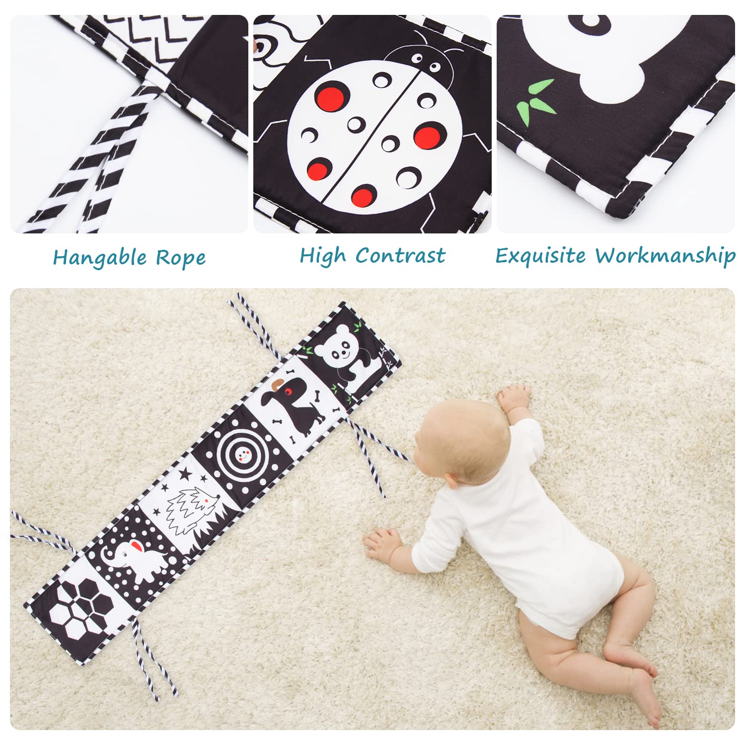 Susimond High Contrast Black & White Baby Cloth Books - Non-Toxic Soft Fabric Activity Book for Newborns 0-3 Months | Early Learning Tummy Time Toy with Crinkle Sounds - Perfect for Sensory Development & Infant Visual Stimulation (Ideal for Boys & Girls)