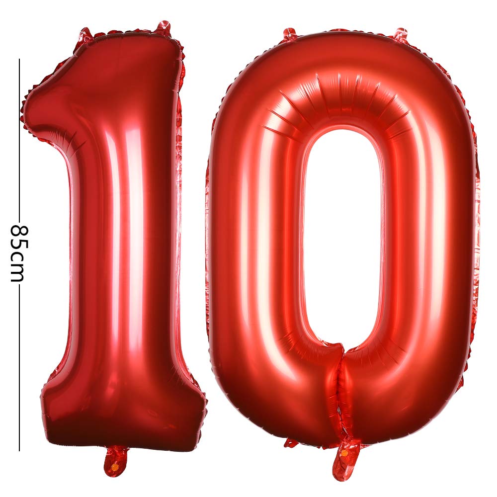 40 Inch Jumbo Number 10 Balloon - Red Foil Helium Balloons for Birthday Party, Anniversary, Graduation & Celebration Decorations - Perfect for Photo Backdrops, Balloon Arches & Party Centerpieces