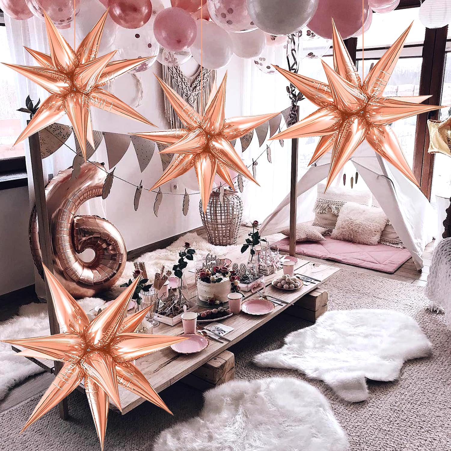50Pcs Rose Gold Metallic Star Balloons - Foil Starburst Balloons for Birthday, Graduation, Christmas Decorations & Party Events - Perfect for Photo Backdrops, Ceiling Decor, and Festive Celebrations