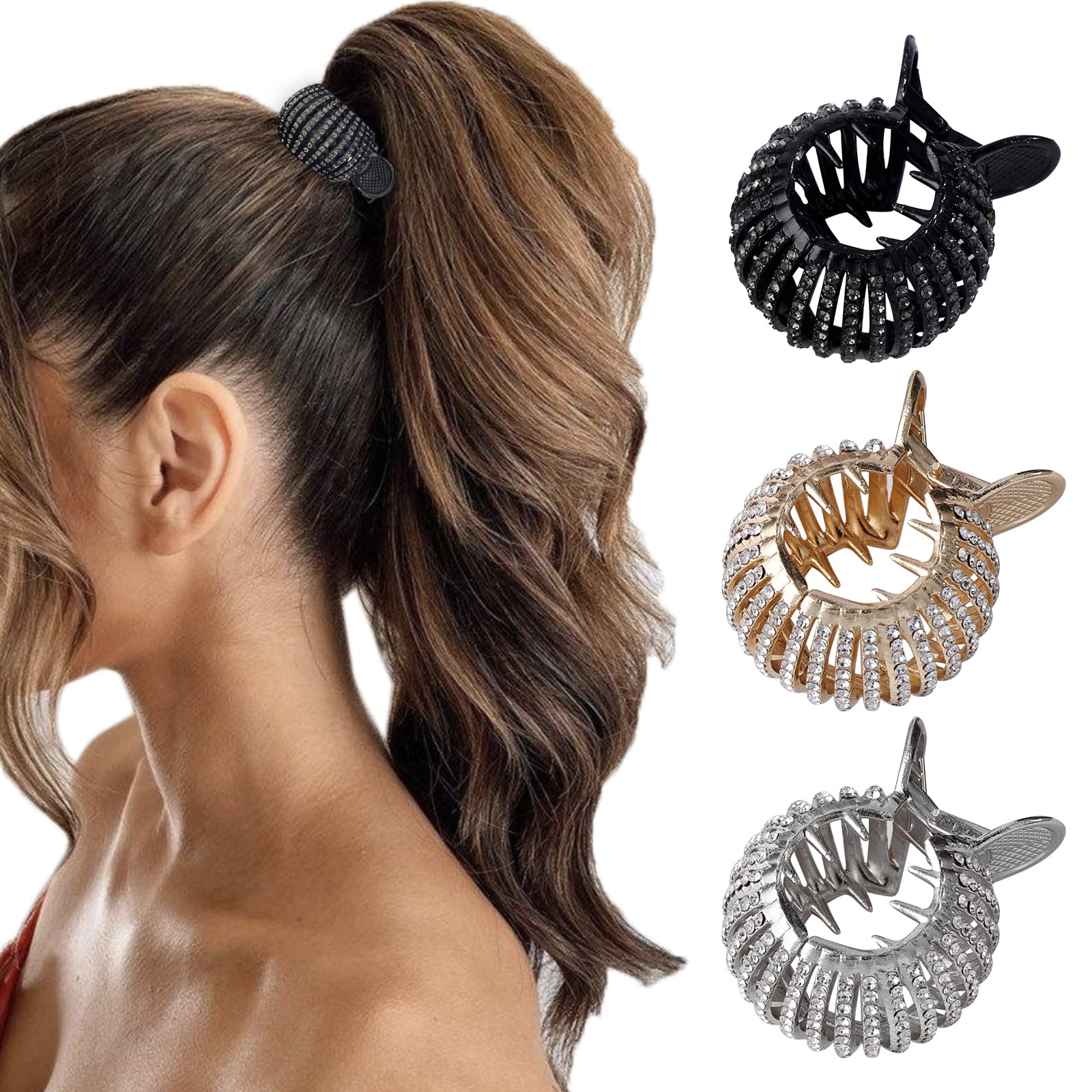 Sparkling Rhinestone Hair Claw Clips for Women - Shiny Small Hair Clips for High Ponytails & Thick Long Hair - 3-Pack in Assorted Colors - Perfect for Parties, Weddings & Everyday Glamour