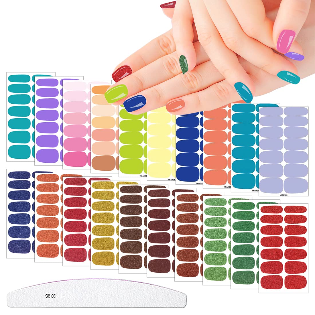 XEAOHESY 20 Sheets Glitter Solid Color Nail Polish Strips with Nail File - Colorful DIY Nail Art Stickers for Women - Easy to Apply Nail Wraps for Home Manicure & Party Nail Designs