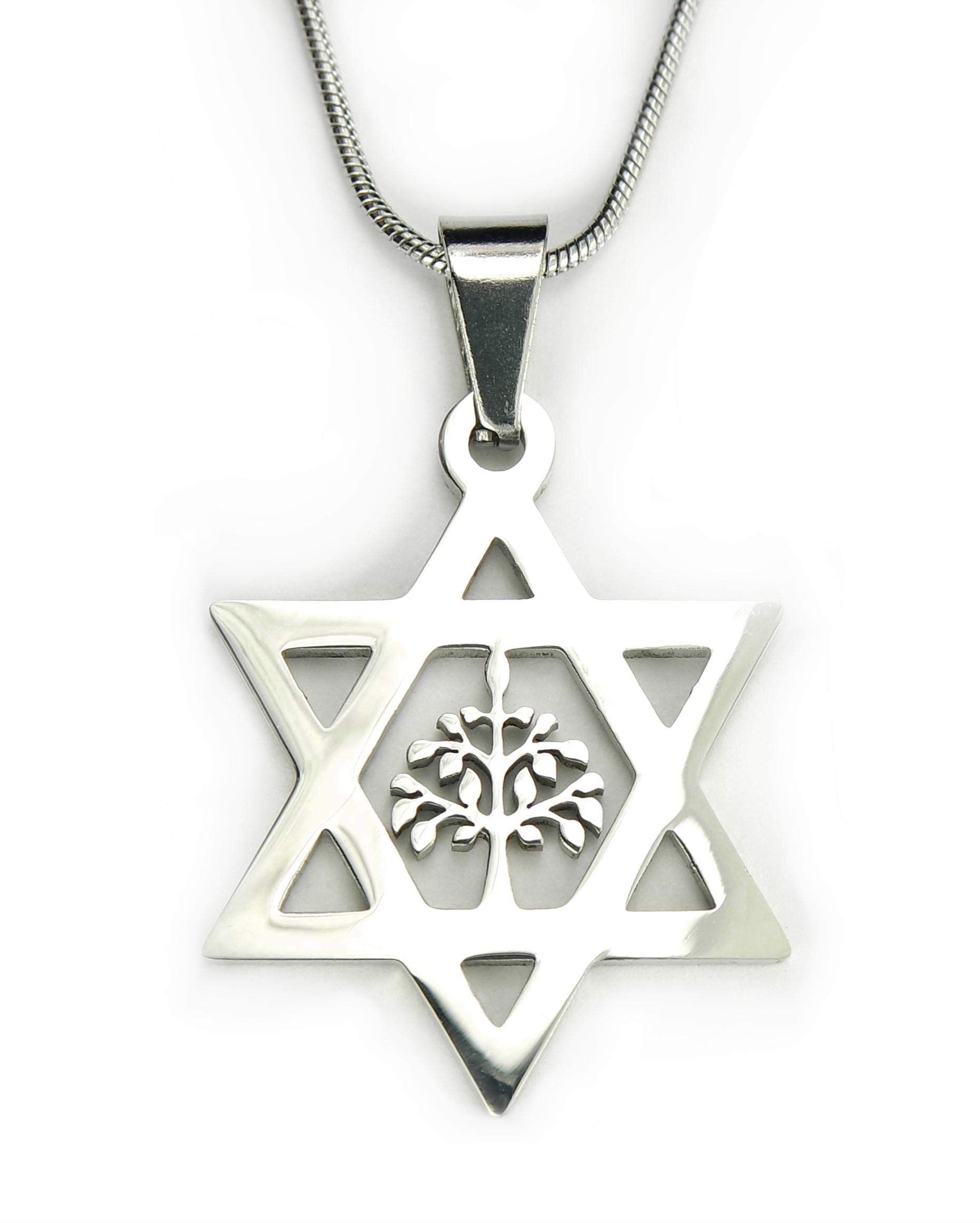 Star of David and Tree of Life Necklace - 18 Inch Stainless Steel Chain, 304 Surgical Grade Hypoallergenic Jewelry, Shield of David Pendant with Etz Chaim Symbol - Perfect for Hanukkah Gifts, Jewish Holidays & Spiritual Protection