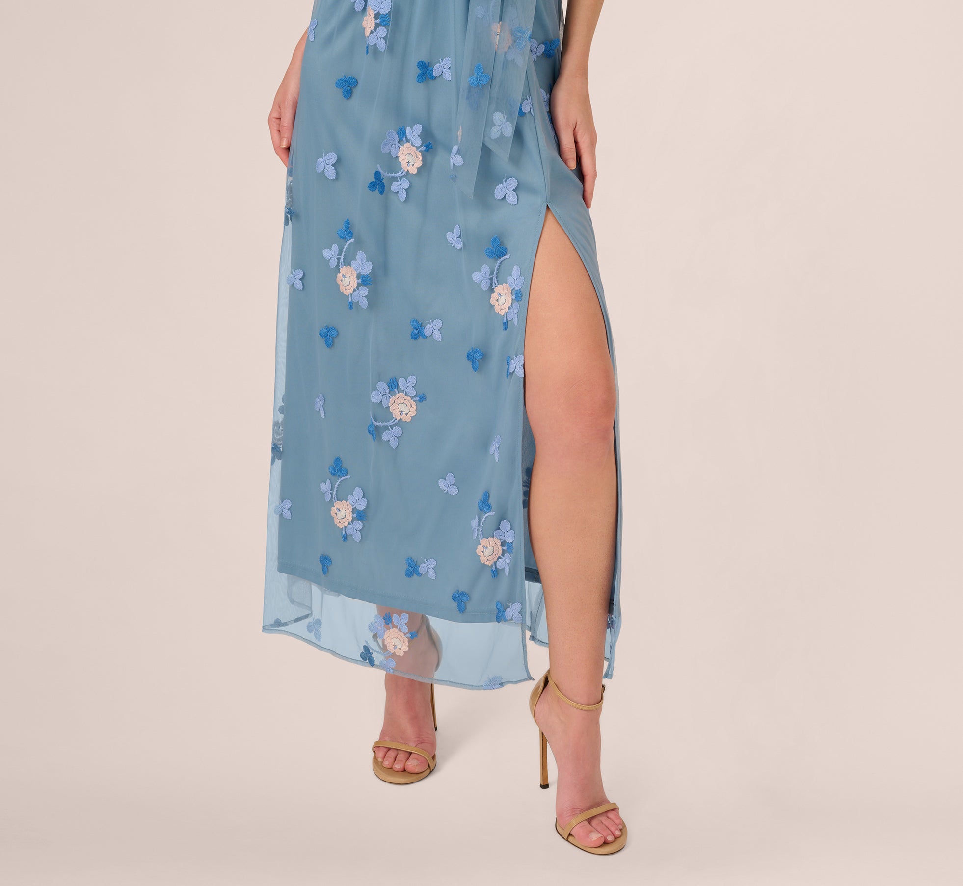 French Blue Sleeveless Illusion Embroidered Maxi Dress for Women - Elegant Beach Wedding & Summer Party Formal Gown