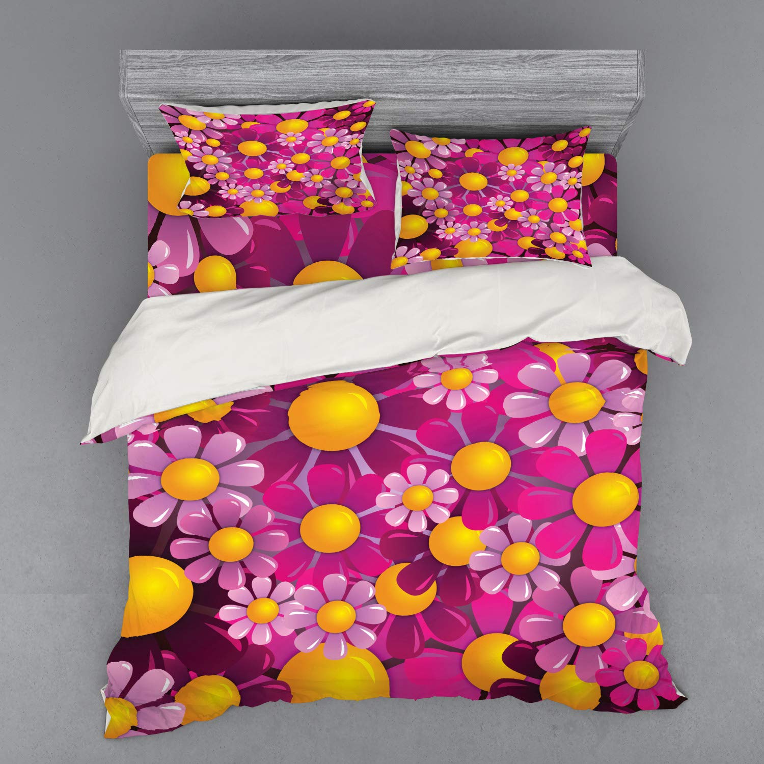 Ambesonne Abstract Duvet Cover Set - Vibrant Floral Cartoon Design for Summer Garden Bedroom Decor, 4-Piece King Size Bedding Set with Shams & Fitted Sheet in Hot Pink Lilac Orange | Perfect for Guest Rooms, Kids' Bedrooms & Bohemian Style Homes