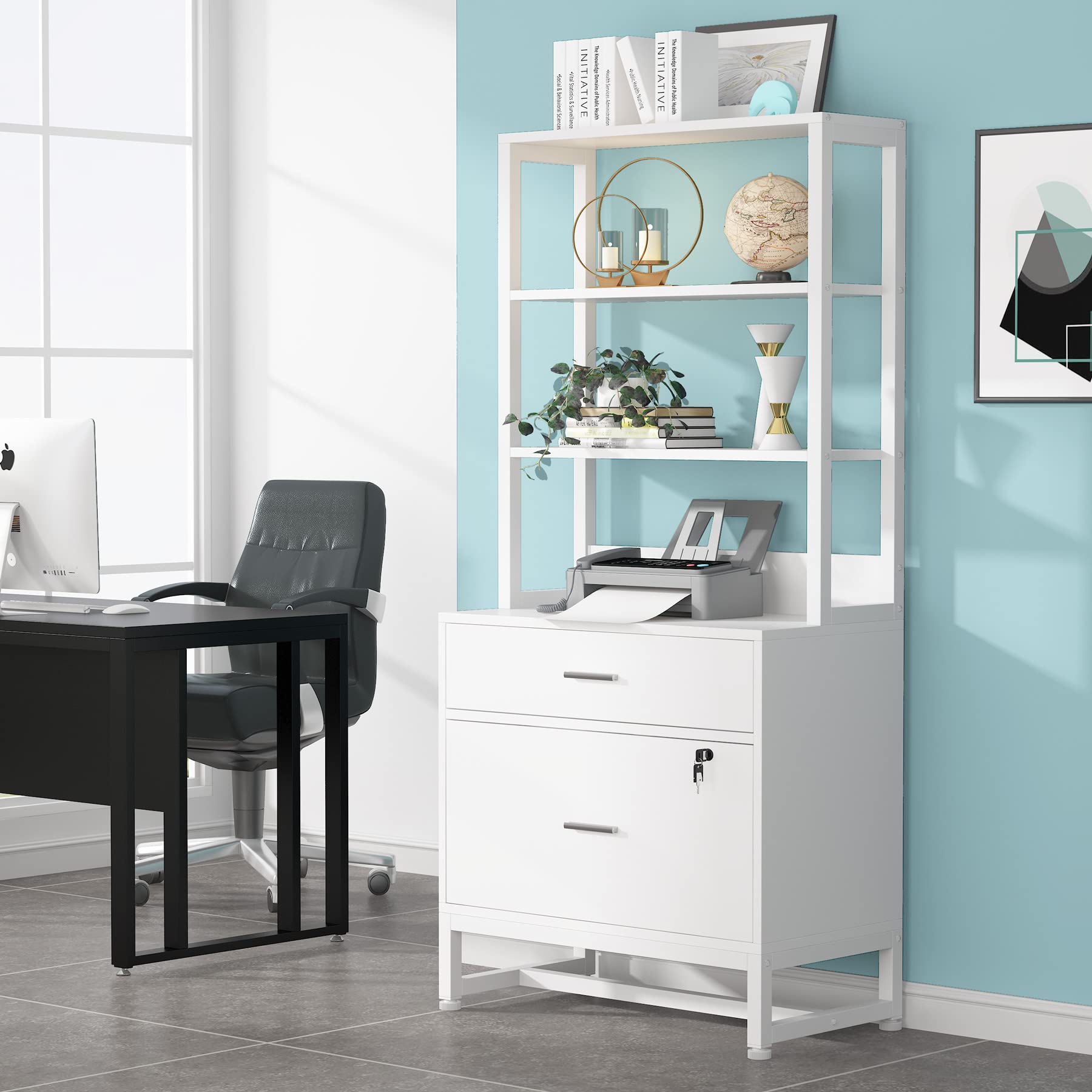 Tribesigns 2-Drawer Locking File Cabinet with Bookshelf - Letter Size Vertical Filing Cabinet, Modern Office Storage with Open Shelves for Printer & Supplies - Perfect for Home Office Organization (White)