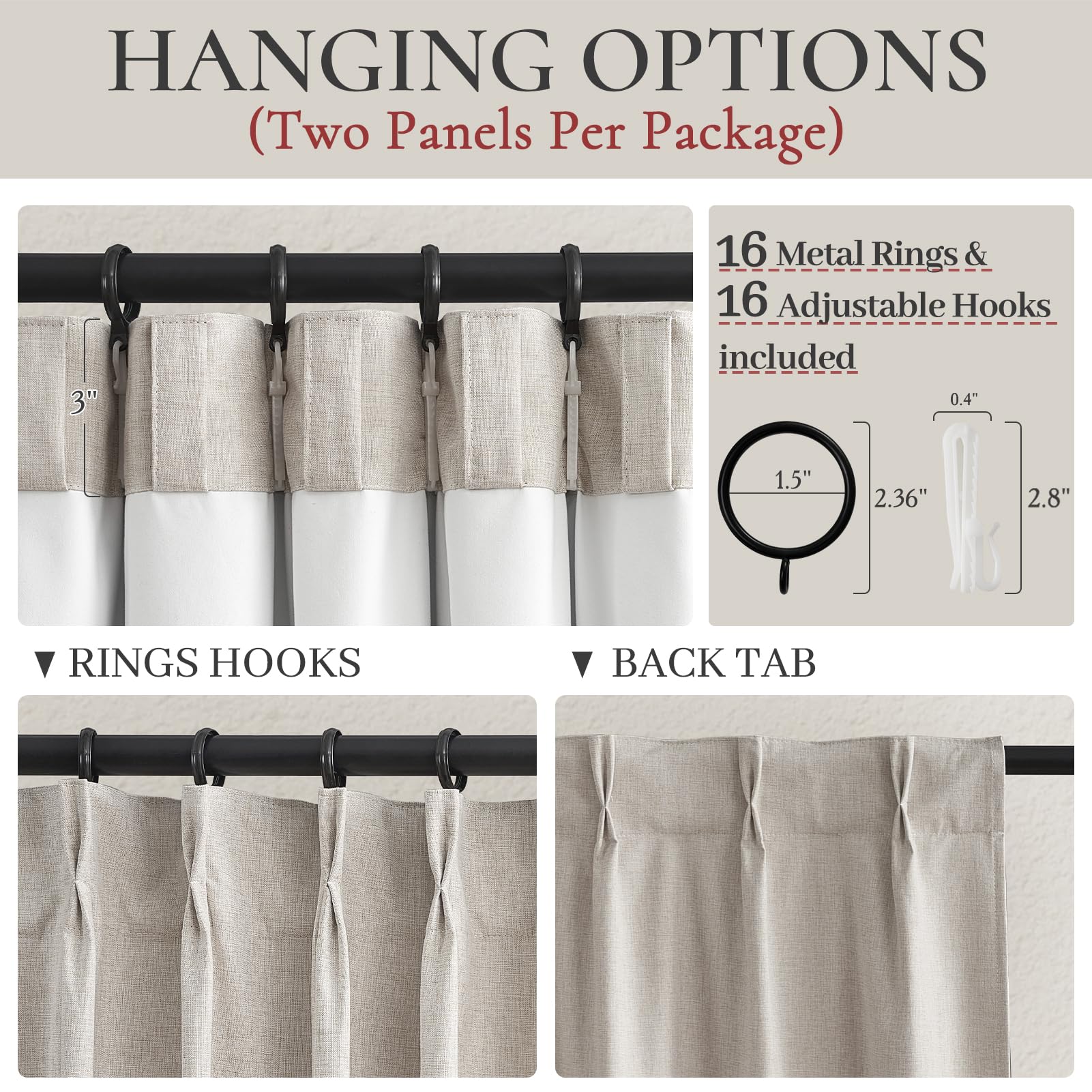 Premium 120 Inch Blackout Linen Curtains for Bedroom - Ceiling Mount Pinch Pleated Drapes with Back Tab, Thermal Insulated Sliding Door Panels for Patio, Farmhouse & Large Windows (Set of 2) - Perfect for Light Control & Privacy in Living Room, Nursery or Home Office