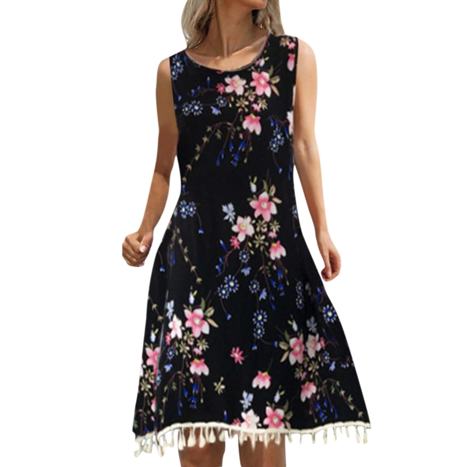 Women's Floral Print Beach Dress - Casual Sleeveless Summer Dress with Tassel Trim & O-Neck | Perfect for Vacation, Poolside, and Summer Outings