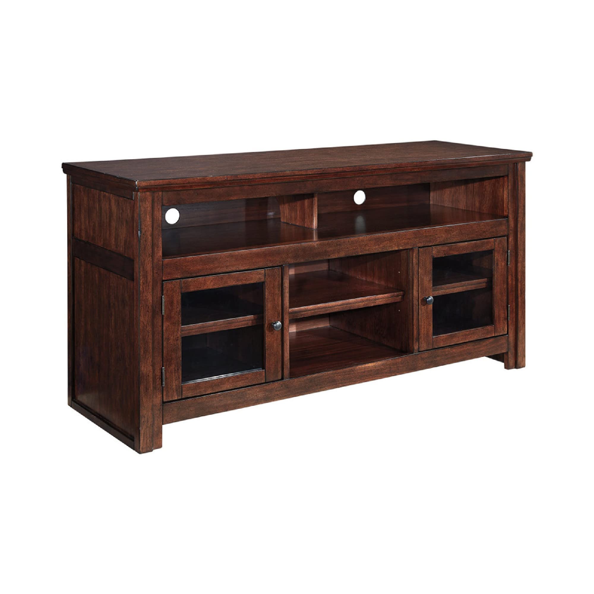 Benjara Large Brown Wooden TV Stand with Two Glass Door Cabinets & Open Shelves - Perfect for Living Room Entertainment Center, Home Theater Setup & Media Storage