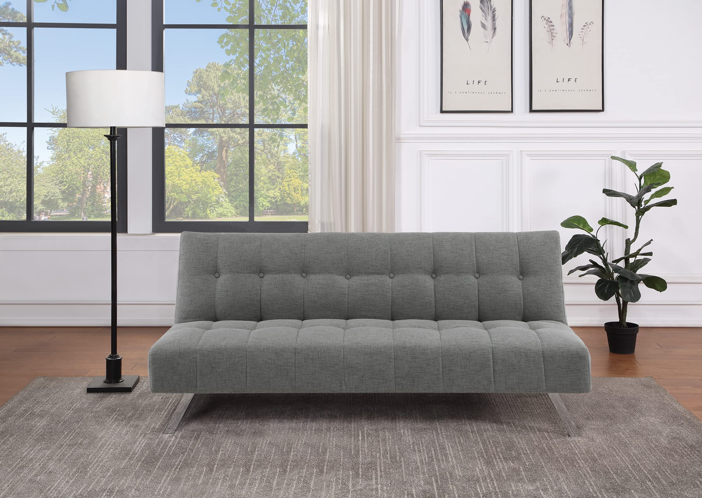 OSP Sawyer Convertible Futon Sofa Bed with Easy Lift Mechanism & Stainless Steel Legs - Grey Fabric for Living Room, Guest Room & Small Spaces