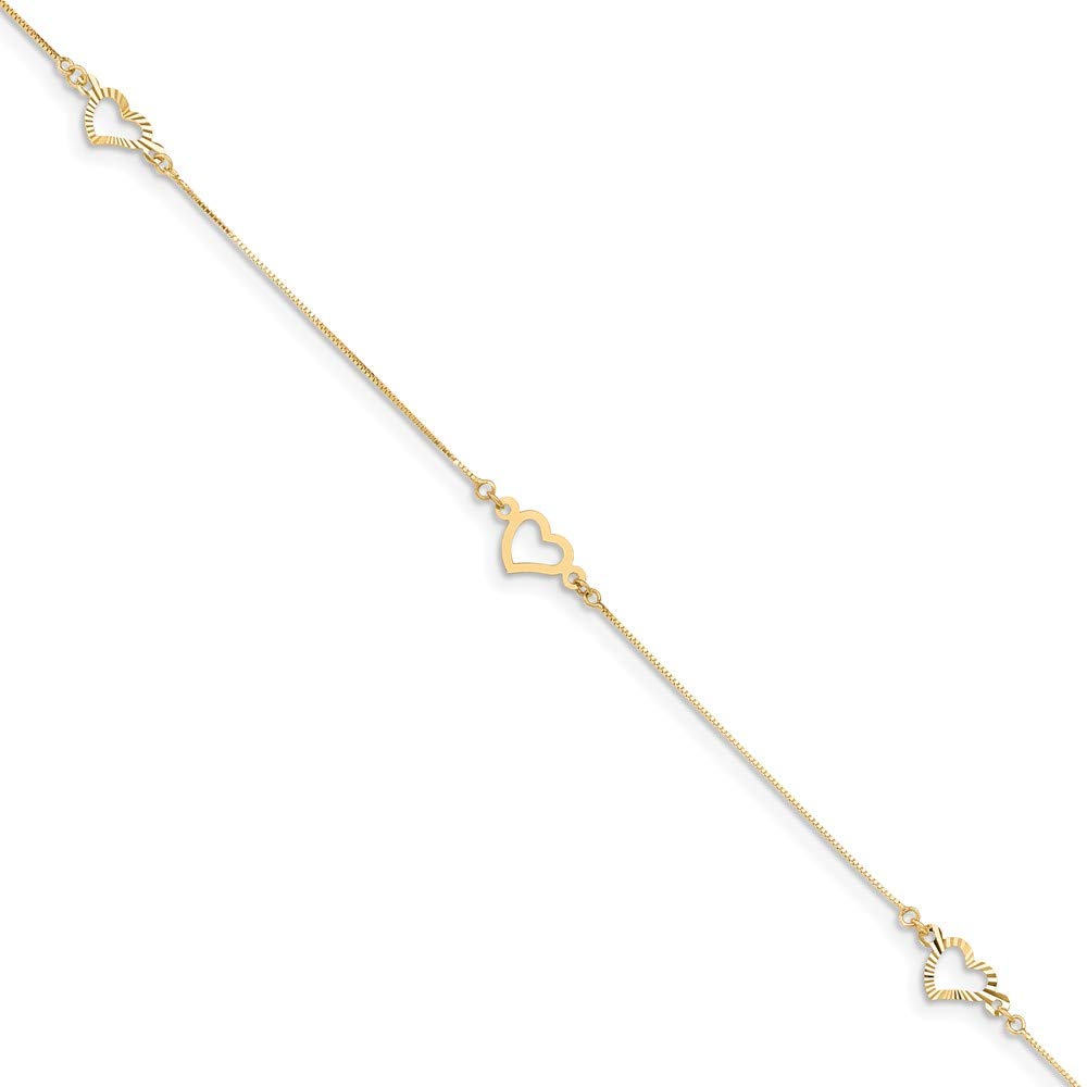 14K Solid Yellow Gold Adjustable Heart Anklet Bracelet - 9 Inch Length, Dainty Ankle Chain for Women, Perfect Gift for Valentine's Day, Anniversary or Everyday Wear