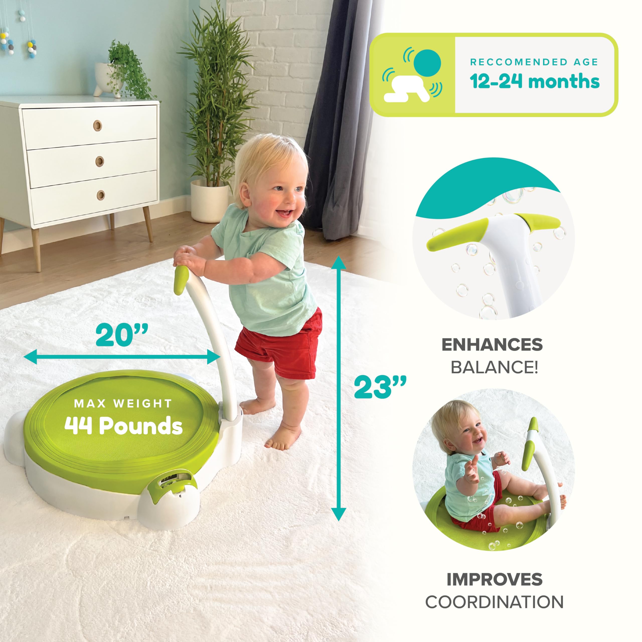 TP Toys Bubble Bouncer Mini Trampoline for Toddlers Ages 1-2 | Small Indoor/Outdoor Trampoline with Built-in Handle & Foldable Design | Fun Bubble Play Activity for Kids | Perfect for Backyard Play, Birthday Parties & Preschool Exercise