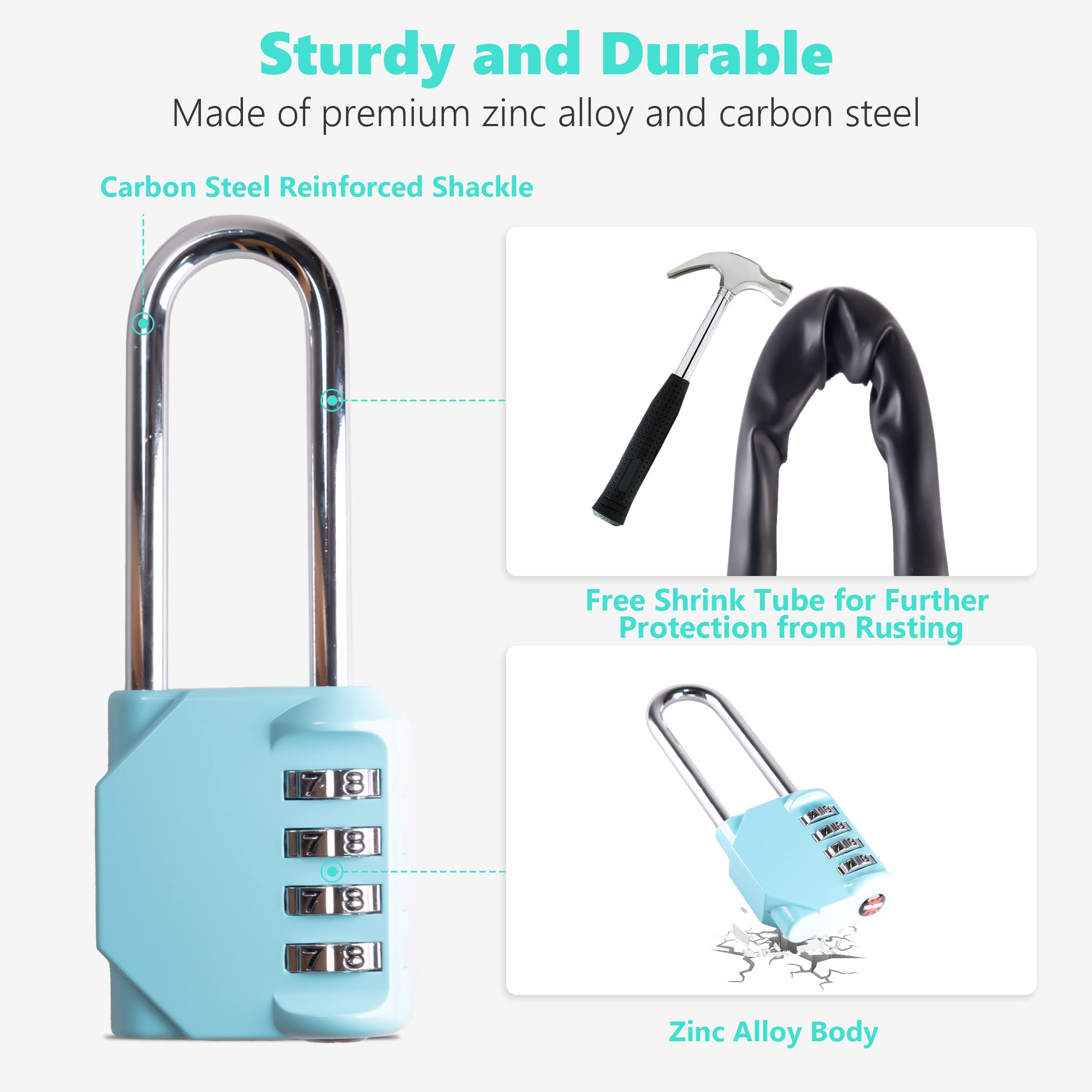 CL21AS 2.6 Inch Heavy Duty Combination Padlock - 4 Digit Resettable Gym Locker Lock for School, Gates, Doors, Toolbox & Storage - Secure Your Belongings at Home, Office or Travel (Aqua Sky)