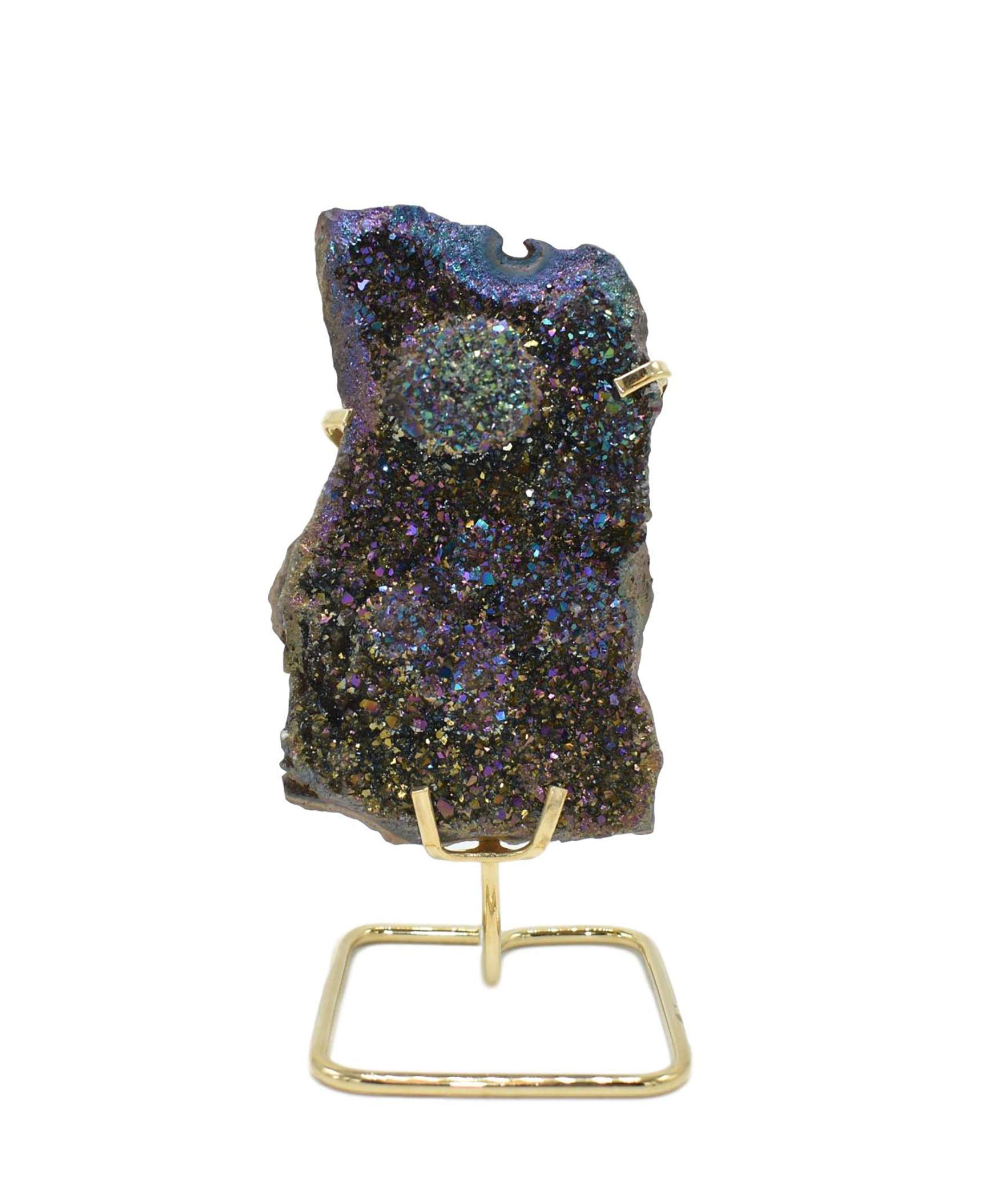 Metallic Amethyst Crystal Cluster on Gold Stand - 6 Inch Decorative Purple Gemstone for Home & Office Decor - Perfect for Living Room, Bedroom, Mantels, Shelves, and Gift Giving - Feng Shui Healing Crystal for Meditation & Spiritual Energy