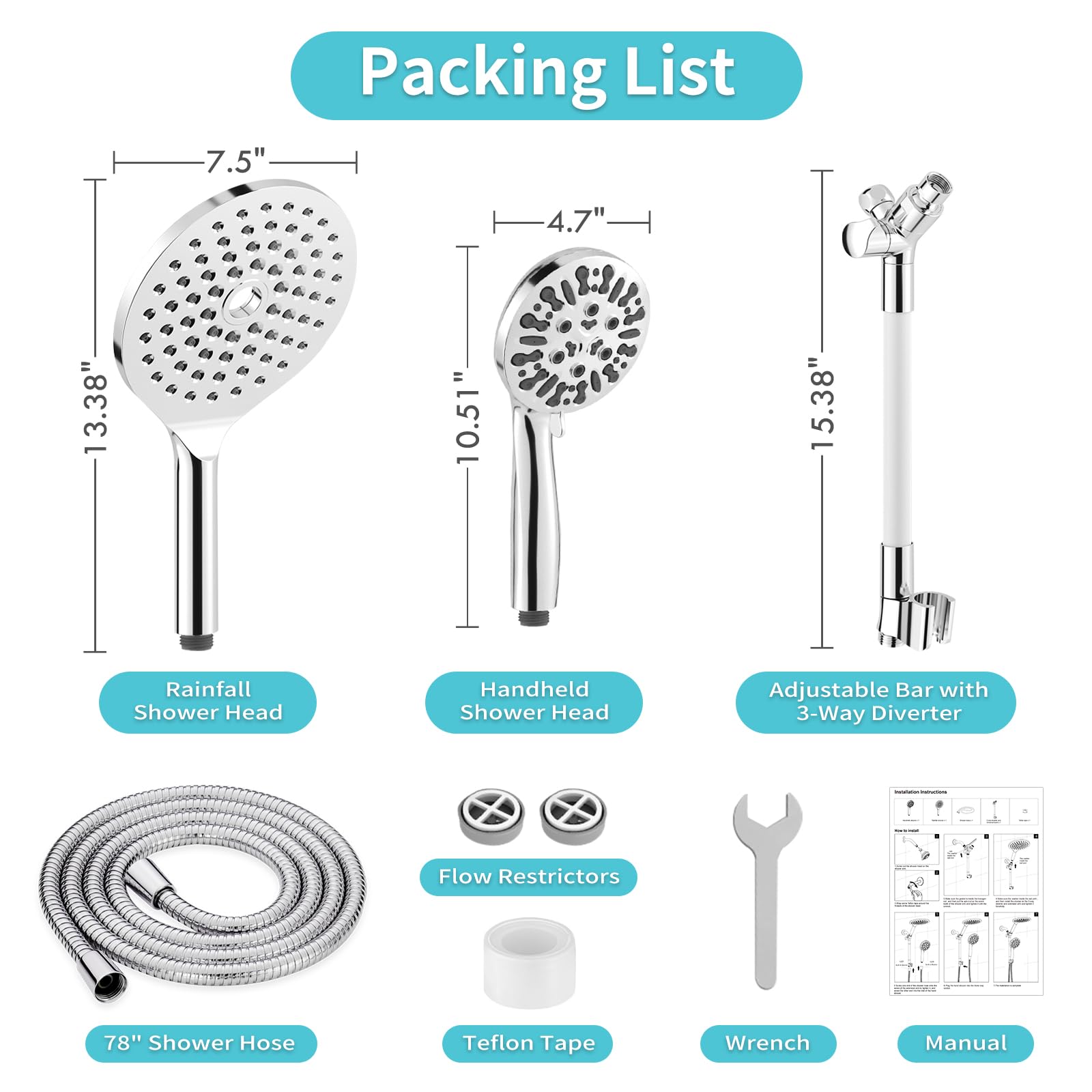 Premium Dual Shower Head Combo - 9 Spray Modes High Pressure Rainfall & Handheld Shower Head with Waterfall Setting (Chrome) for Luxurious Spa-Like Bathroom Experience