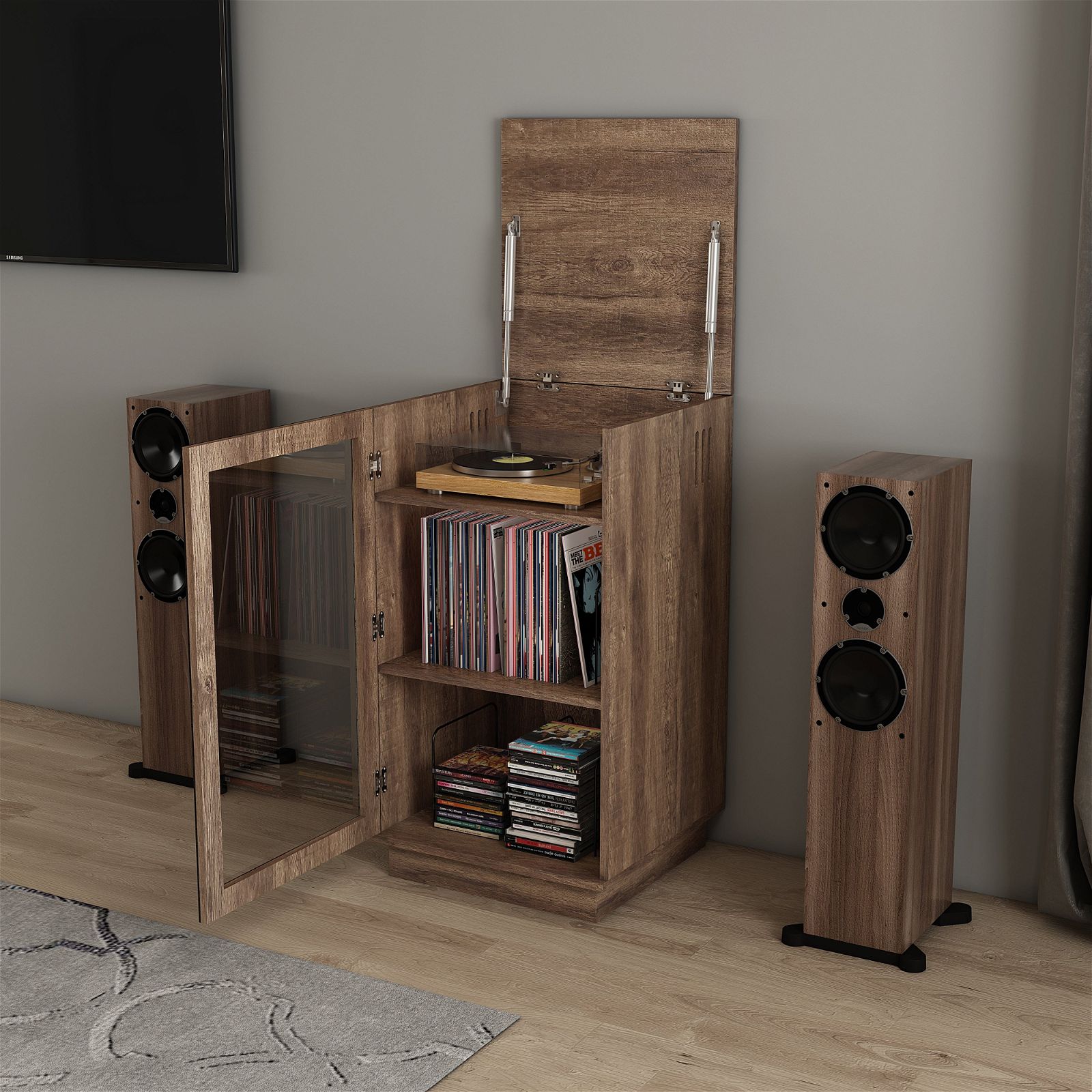Tauris™ Dark Oak HiFi Storage Cabinet for Turntable & Vinyl Records - Perfect for Home Theater & Music Room Organization