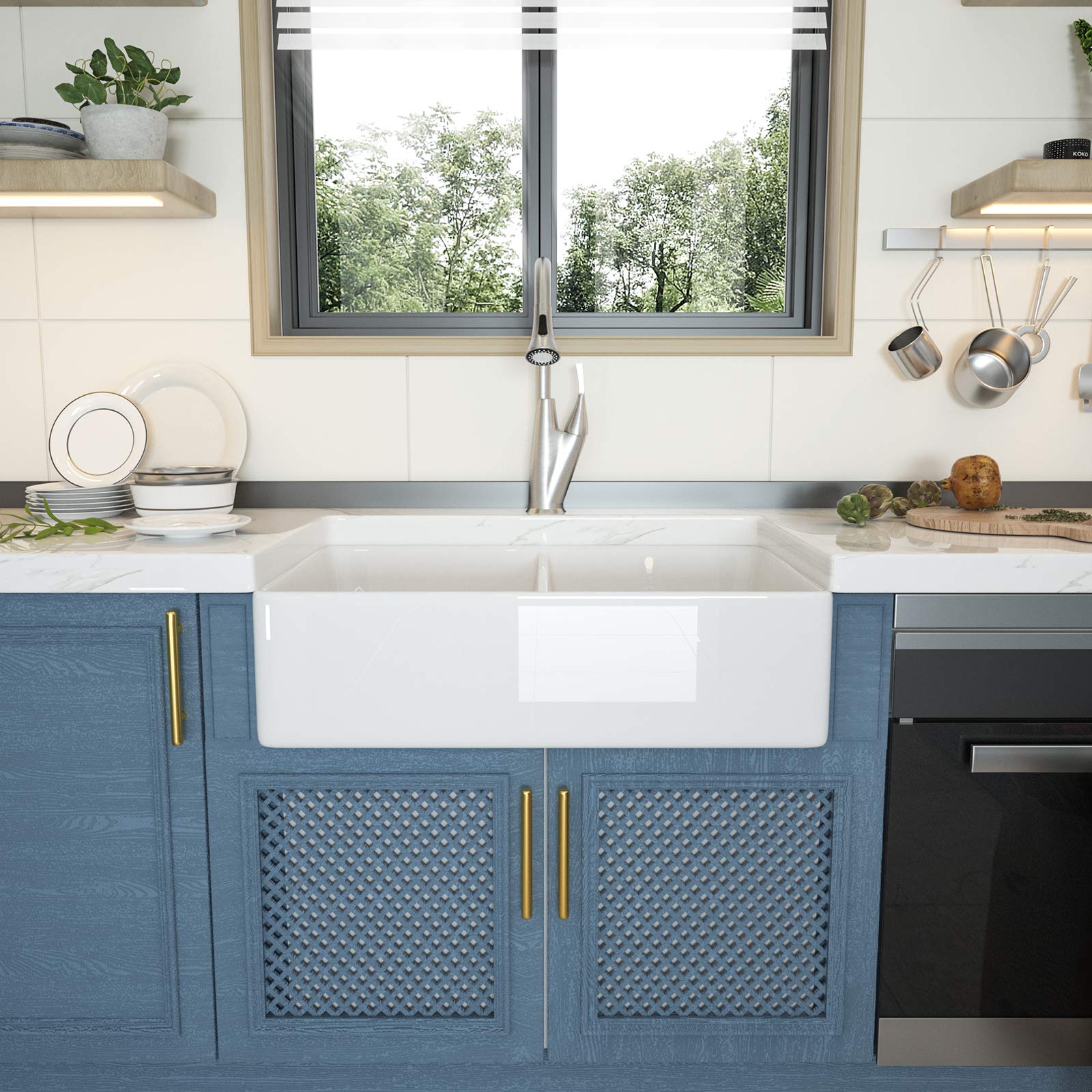32x20 Inch White Farmhouse Kitchen Sink - GhomeG Double Bowl 50/50 Apron-Front Porcelain Ceramic Fireclay Sink (32x20x9 Inch) - Perfect for Rustic Kitchens, Country Homes & Modern Farmhouse Decor