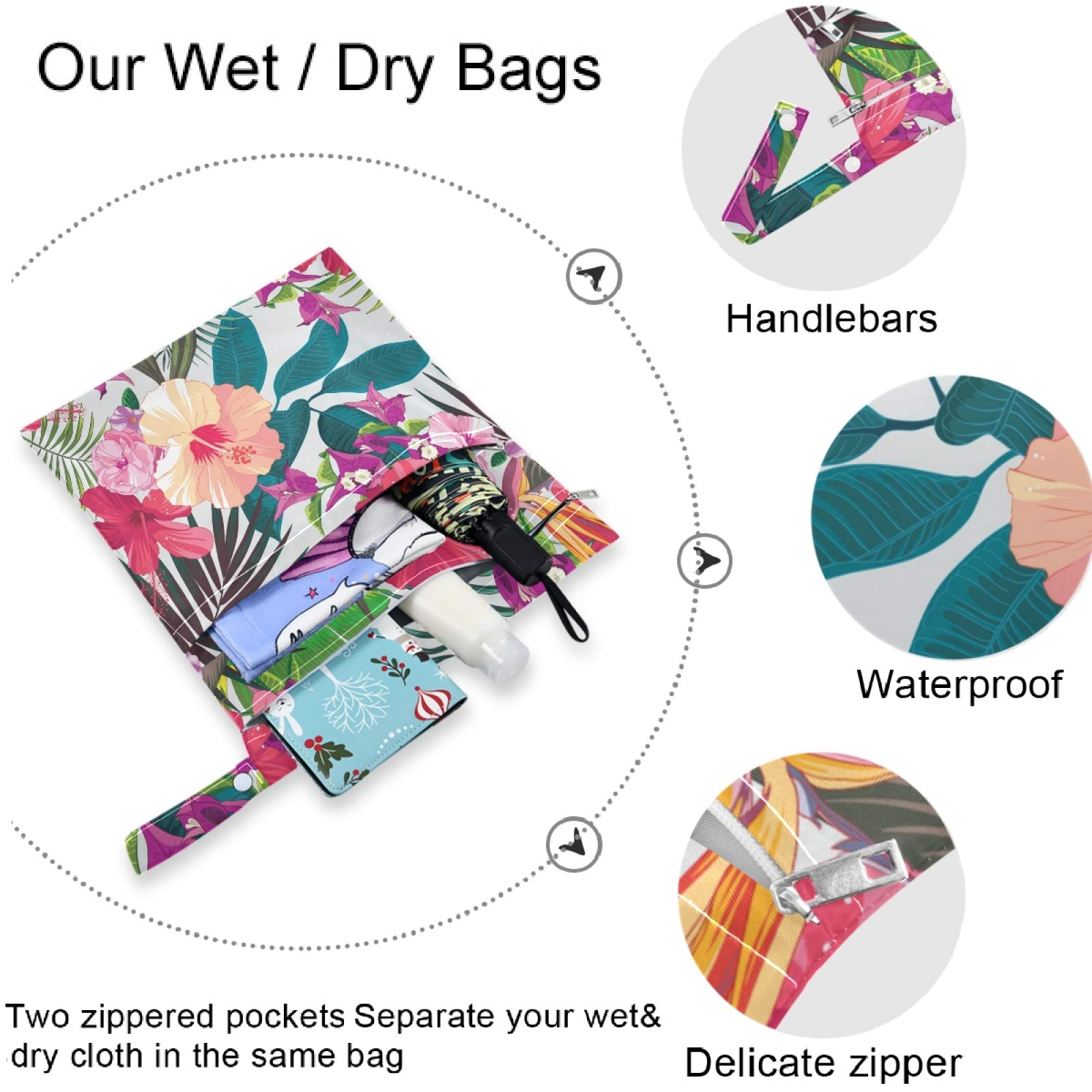 Visesunny 2-Pack Decorative Wet Dry Bags with Zipper Pockets - Reusable Waterproof Washable Storage for Swimsuits, Gym Clothes, Diapers & Toiletries - Perfect for Travel, Beach, Pool, Daycare & Stroller Organization