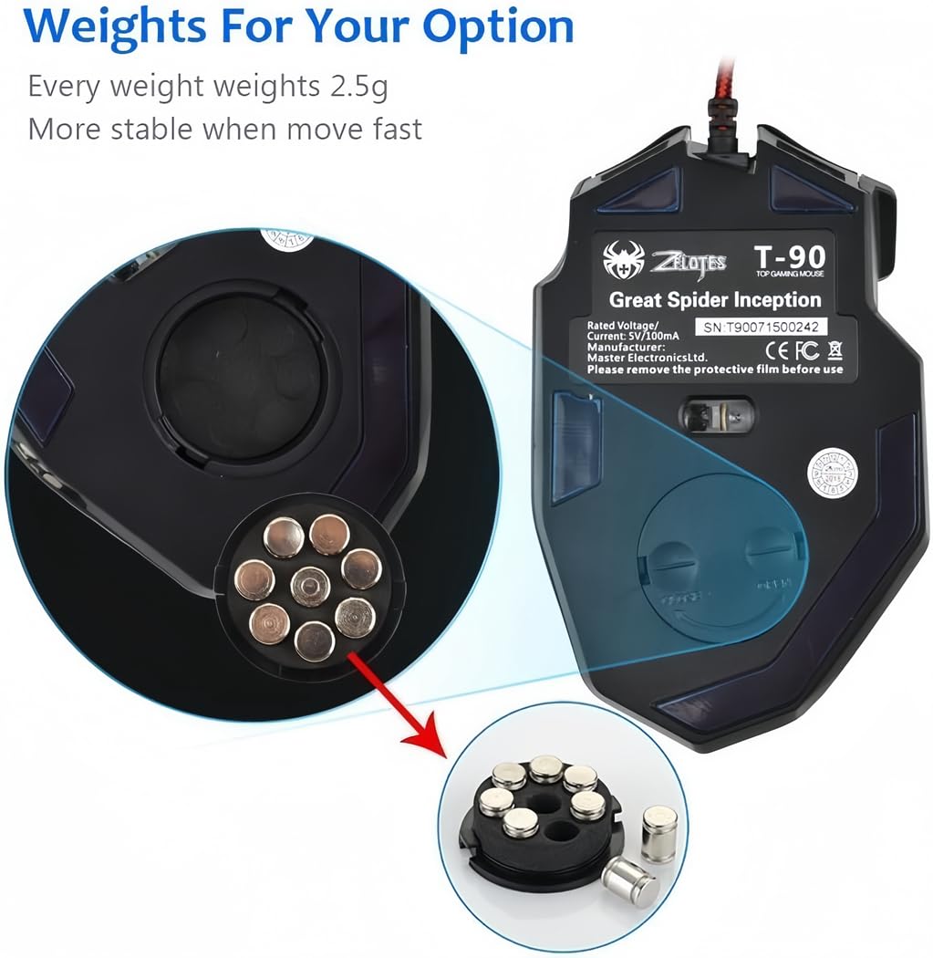 Zelotes T90 Professional Gaming Mouse - 9200 DPI, 8 Programmable Buttons, RGB LED Lights, Adjustable Weight for PC, Laptop, Desktop - Black | Perfect for FPS, MOBA & MMO Games, Office Work & Graphic Design