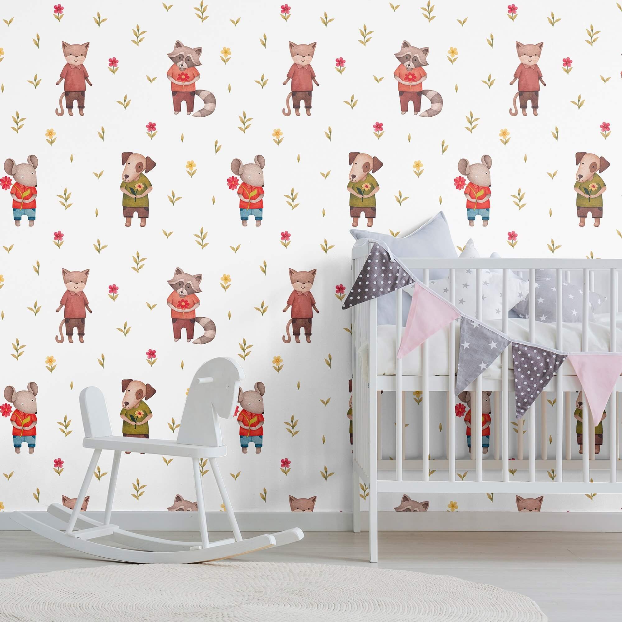 Green and Red Animals Children's Peel and Stick Removable Wallpaper 0340 - Fun Nursery Decor for Kids' Rooms & Play Areas