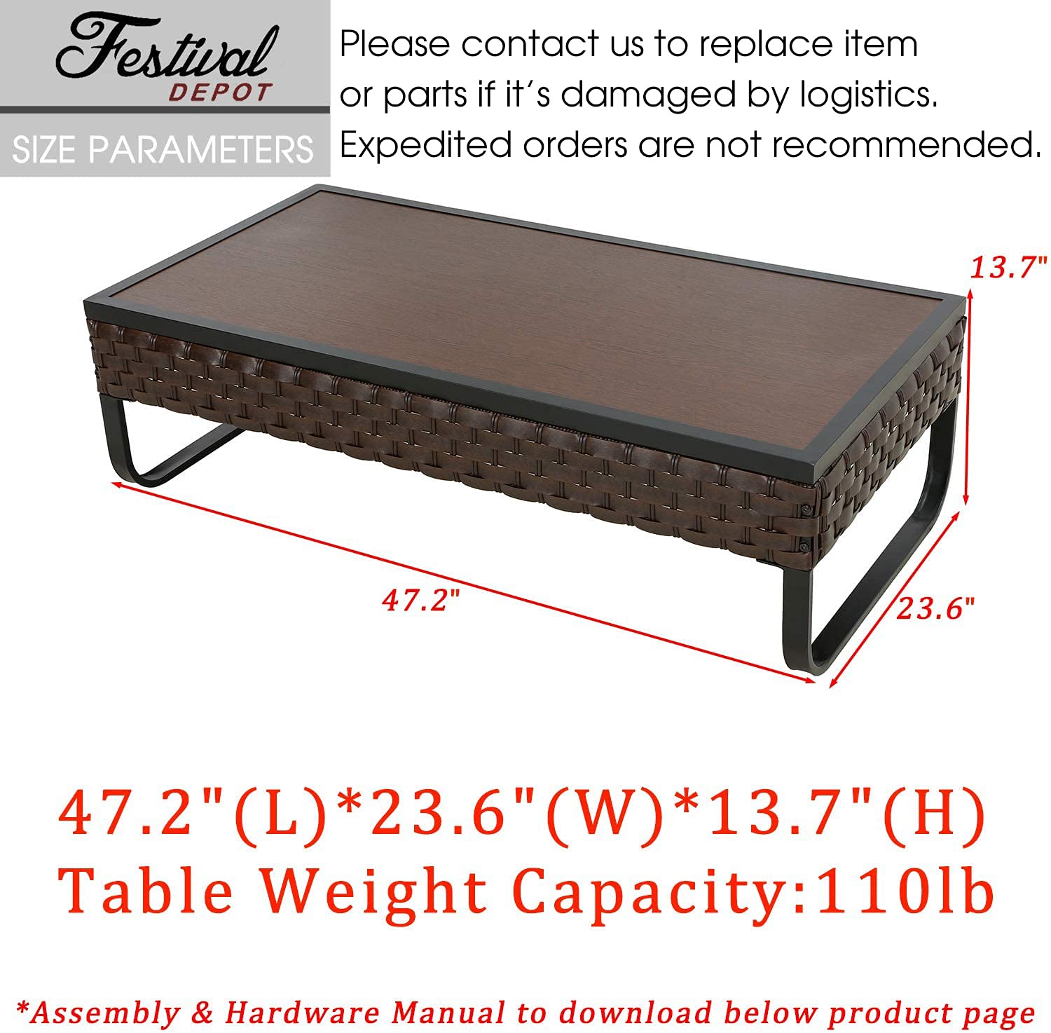 **Festival Depot Patio Table - Brown Rattan Woven Wicker Coffee Table with Aluminum Tabletop, All-Weather Outdoor Furniture for Backyard, Porch, Garden (U-Shaped Leg) - Perfect for Relaxing, Entertaining & Outdoor Dining**