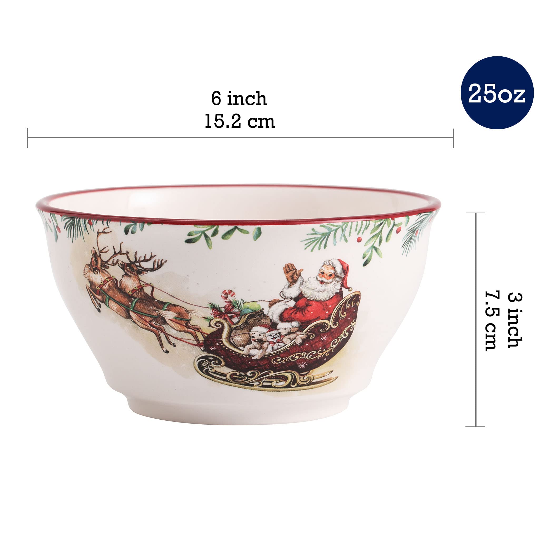 Santa On The Way Ceramic Cereal Bowls Set of 4 - Microwave & Dishwasher Safe Pasta, Salad, Soup Bowls - Perfect for Breakfast, Family Dinners & Holiday Gatherings
