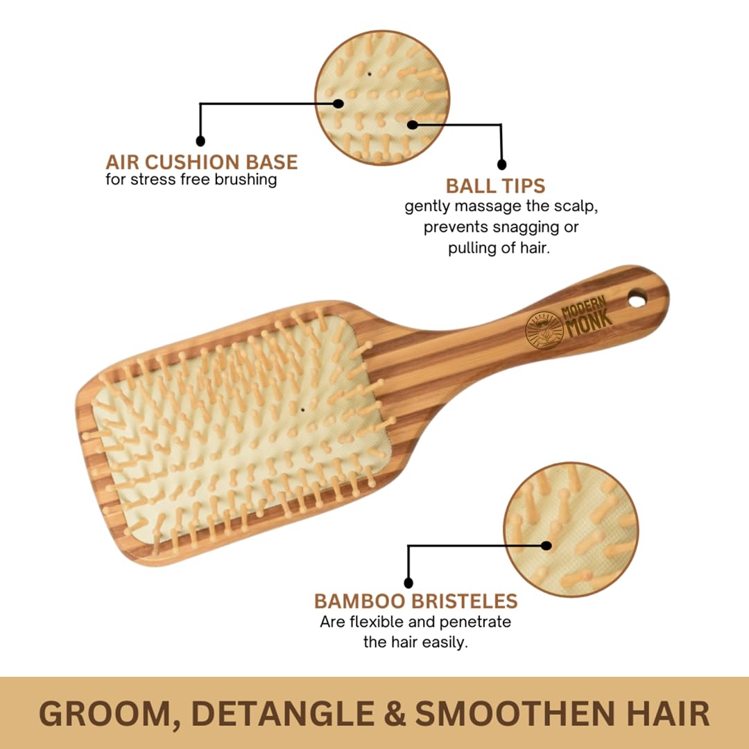Bamboo Hair Brush with Soft Ball Tips & Cushion Base - Smooth Combing & Detangling - Reduces Frizz & Breakage - Ideal for Long Hair - Perfect for Daily Styling, Travel & Salon Use