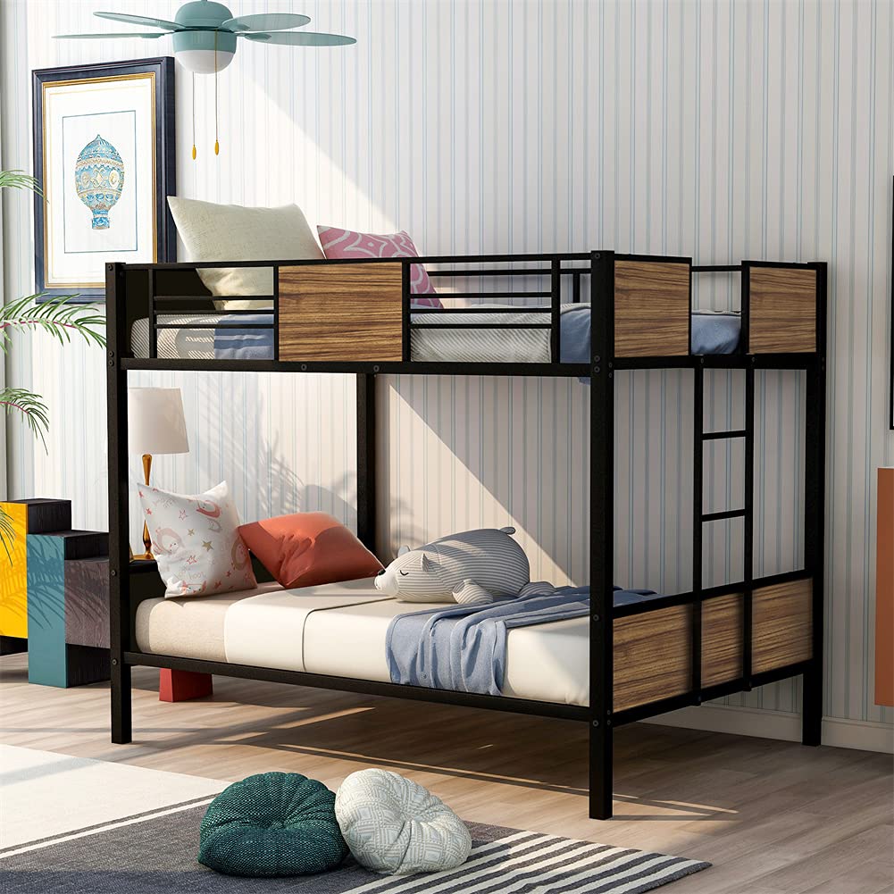 Modern Full-Over-Full Steel Bunk Bed with Safety Rail & Built-in Ladder - Sturdy Metal Frame for Kids, Teens & Adults - Space-Saving Solution for Bedrooms, Dorms & Small Spaces (Brown) - Perfect for Shared Kids' Rooms, College Dormitories & Guest Rooms