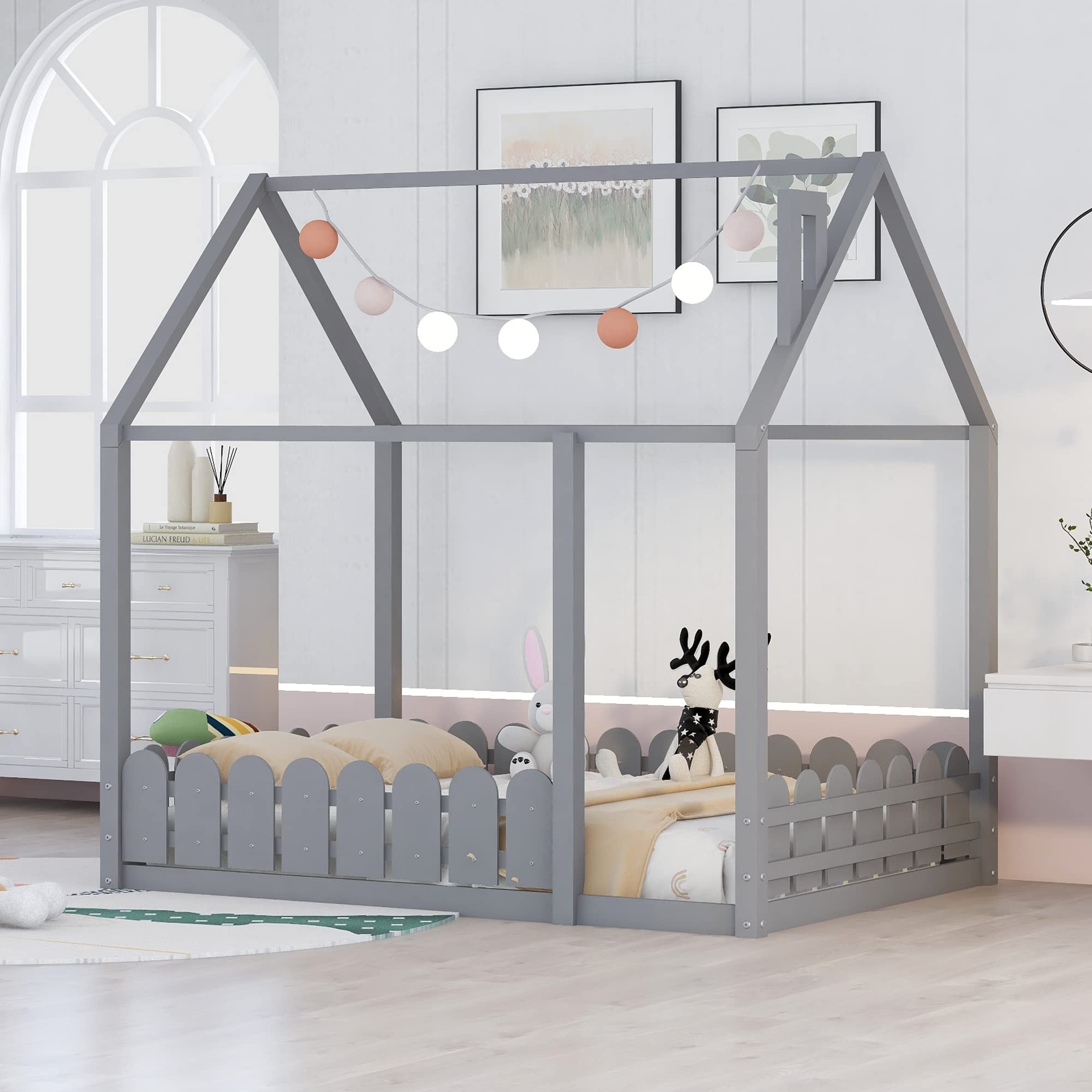 Kids Wooden Twin Floor Bed Frame with Safety Fence - Gray Cabin House Bed for Boys & Girls, Teens Room Decor | Perfect for Small Bedrooms, Playrooms & Montessori Style Spaces