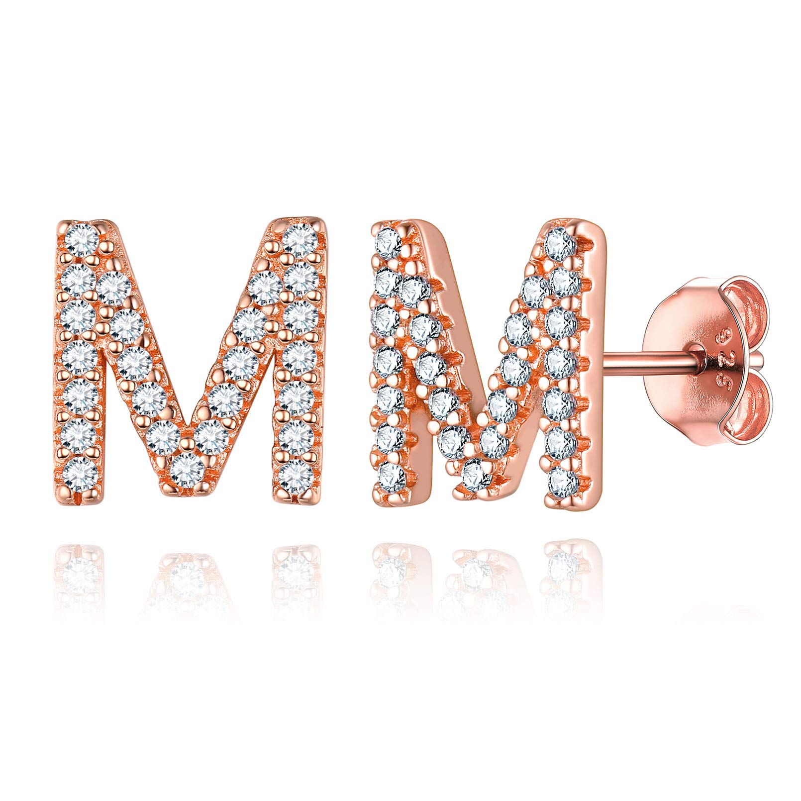 ChicSilver Rose Gold Plated Initial M Letter Stud Earrings for Women - Sterling Silver Hypoallergenic Small Post Earrings - Perfect for Everyday Wear, Gifts & Special Occasions