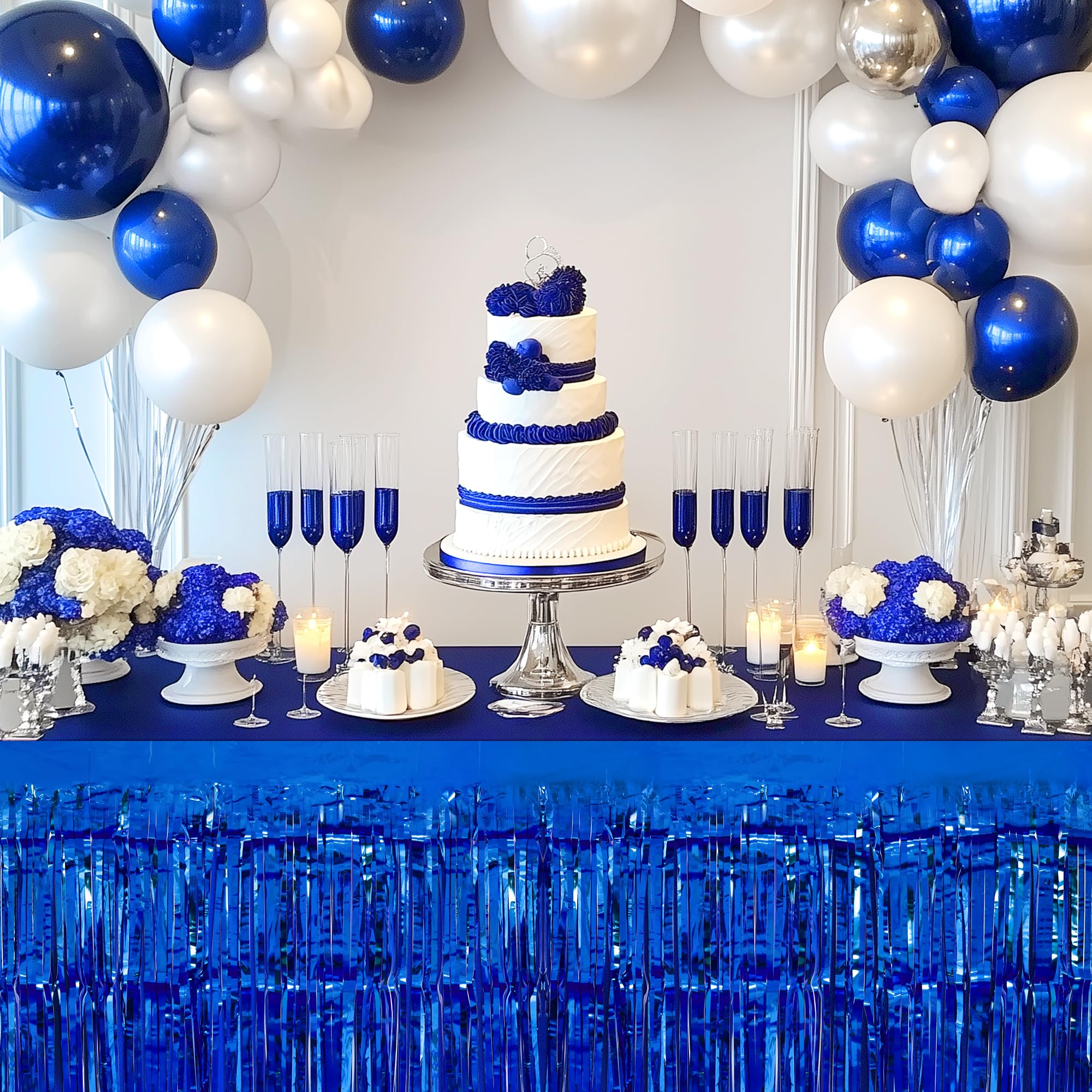 2 Pack Dark Blue Metallic Foil Tinsel Fringe Table Skirts - 29x108 Inch Party Decor for Rectangle Tables, Birthday Wedding Holiday Backdrop, Perfect for Banquet Halls & Event Center Decorations