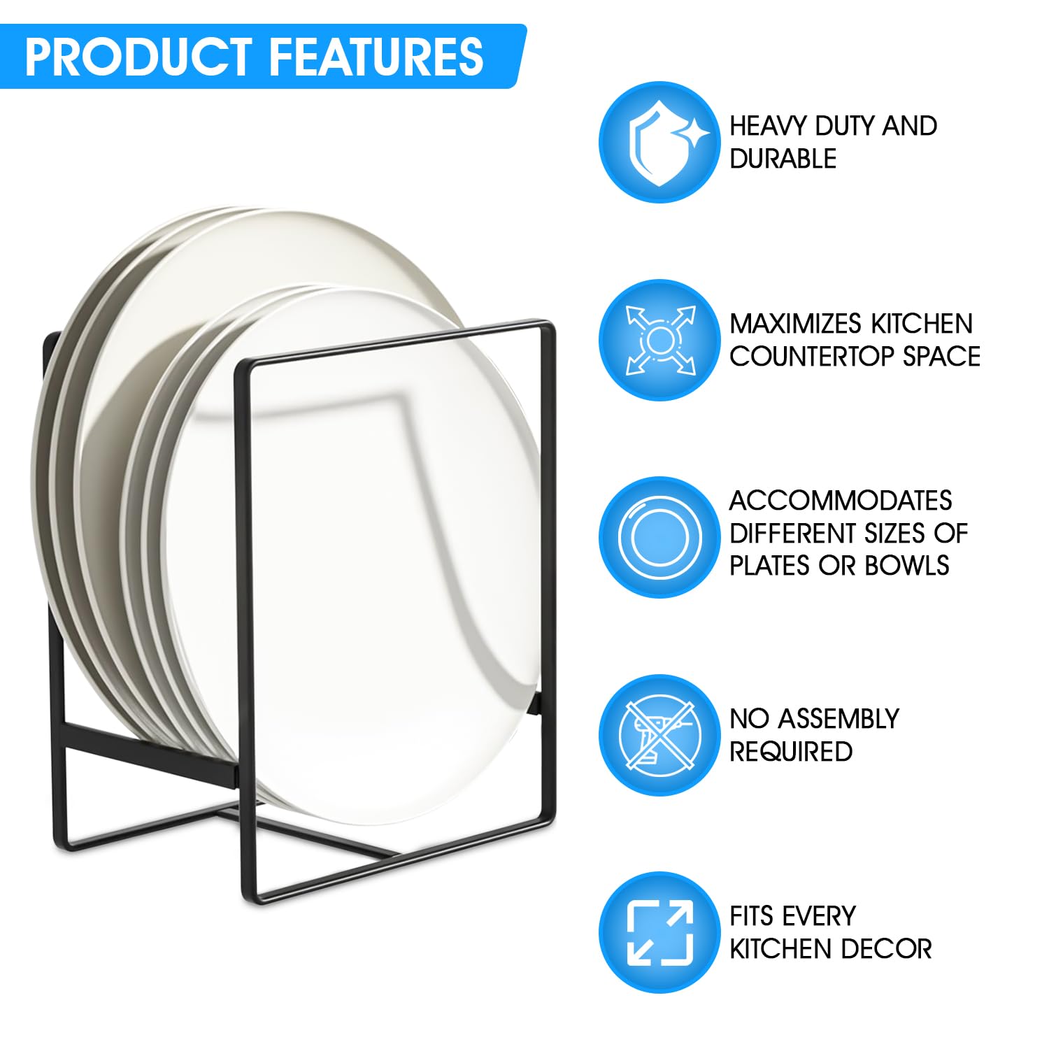 Black Vertical Plate Holder - Space Saving Plate Organizer for Cabinet - Perfect for Small Plates (1PCS) - Ideal for Kitchen Storage & Dining Room Organization