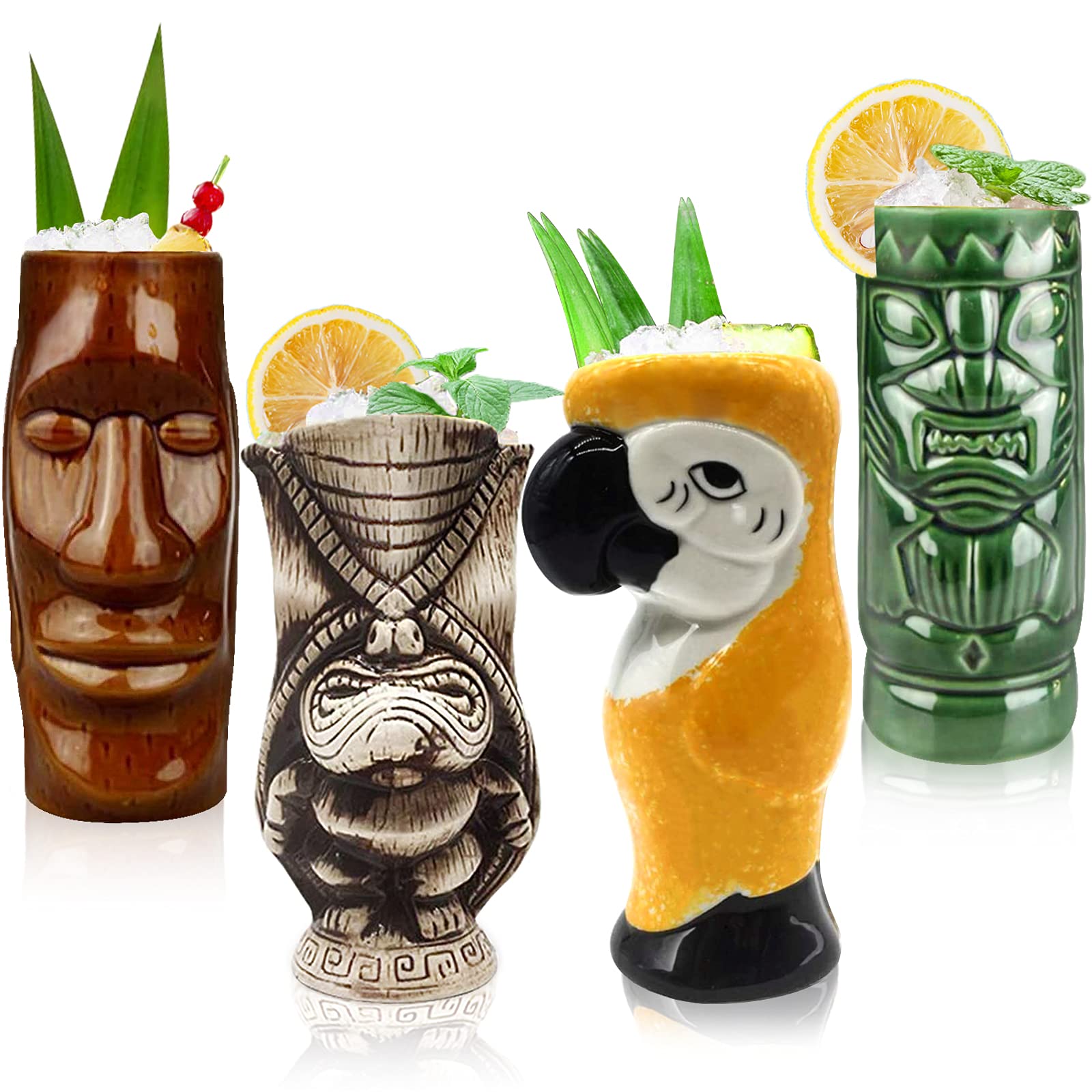 Premium Ceramic Tiki Mugs Set of 4 - Large Hawaiian Themed Cocktail Glasses for Tropical Drinks, Exotic Barware for Tiki Bars, Luau Parties & Home Decor - Perfect for Mai Tai, Pina Colada & Tropical Cocktails