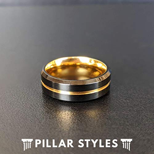 14K Yellow Gold & Black Tungsten Wedding Band for Men - 8mm Comfort Fit Ring with Beveled Edges & Golden Groove - Unique Anniversary Gift for Him (Perfect for Weddings, Engagements & Special Occasions)