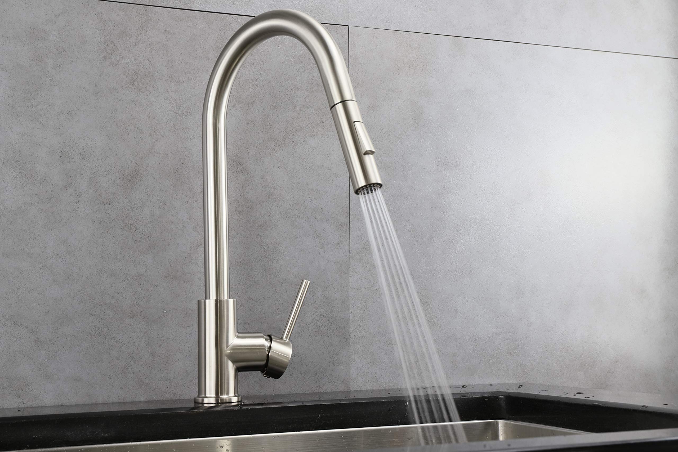 Olivi Brass Pull-Out Sprayer Kitchen Faucet in Brushed Nickel Finish - Perfect for Modern Farmhouse & Industrial Style Kitchens