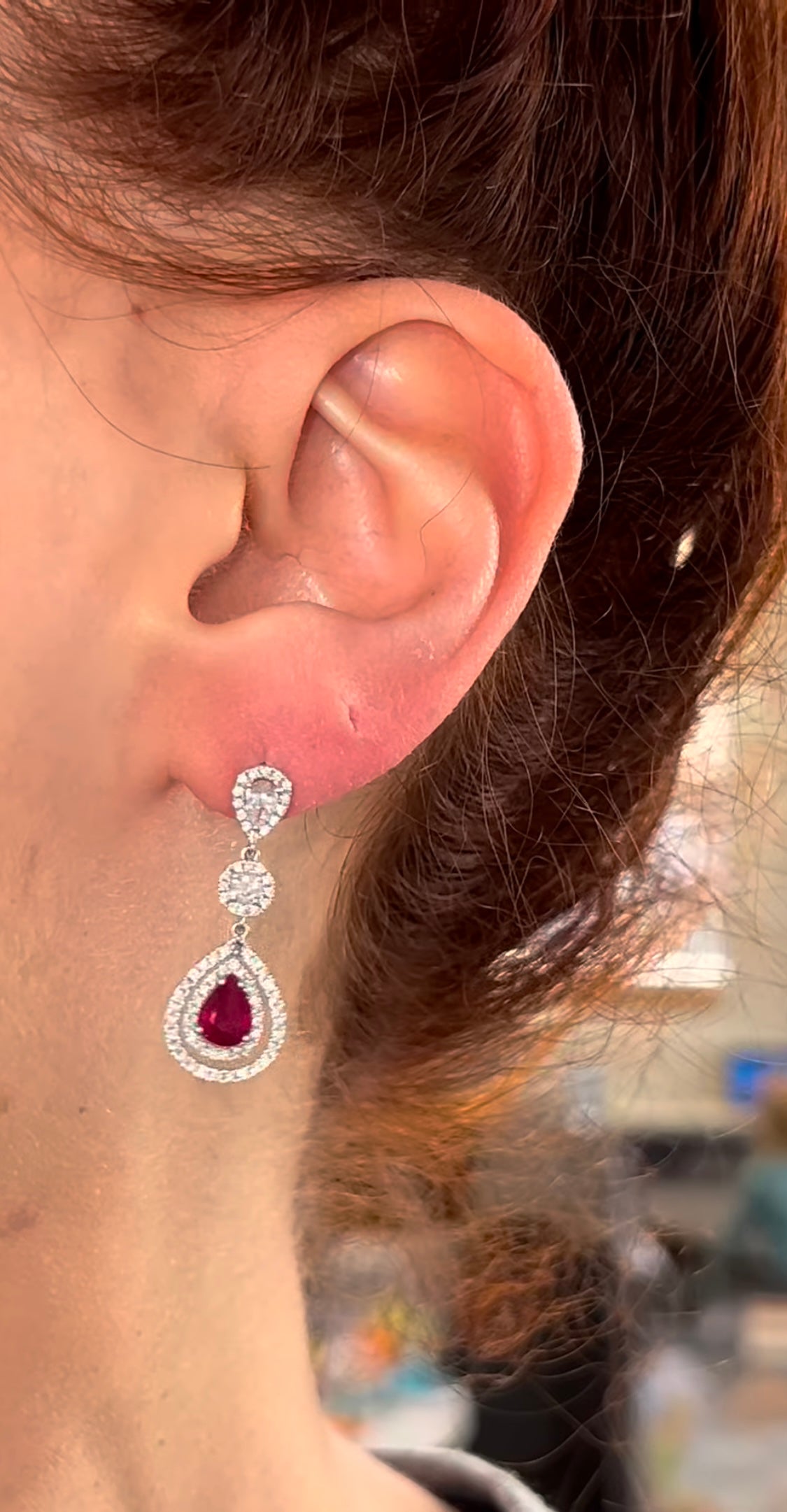Natural White Gold Pear Ruby and Round Diamond Dangling Earrings – Elegant Jewelry for Weddings, Parties & Special Occasions