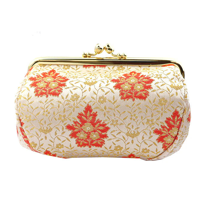 Japanese Nishijin Brocade Small Pouch - White Floral Arabesque Pattern | Handmade in Kyoto | Cosmetic Makeup Bag, Travel Toiletry Organizer, Stationery Pouch, Gamaguchi Purse | Perfect for Daily Essentials, Gift Giving & Japanese Style Fashion Accessories