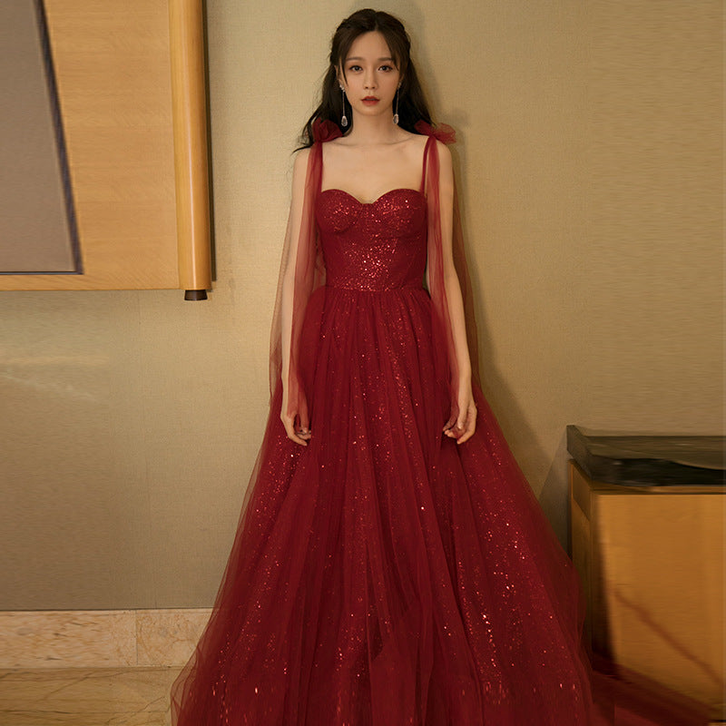 Elegant Burgundy A-Line Tulle Prom Dress - Shiny Formal Evening Gown for Homecoming, Quinceañera & Special Occasions | Style 587