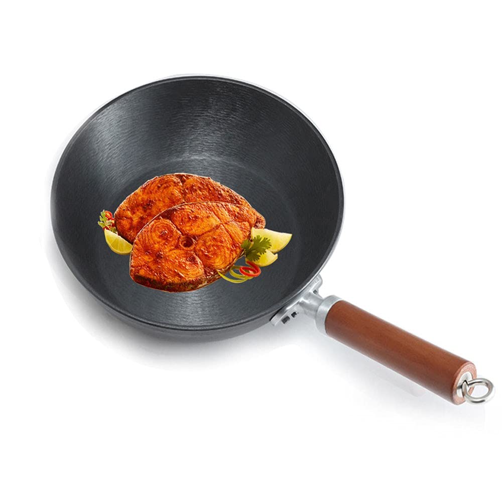 **9 Inch Cast Iron Wok Pan - Forged Stir Fry Pan with Wooden Handle - Induction, Gas & Electric Stove Compatible - Perfect for Asian Cooking, Sautéing & Deep Frying**