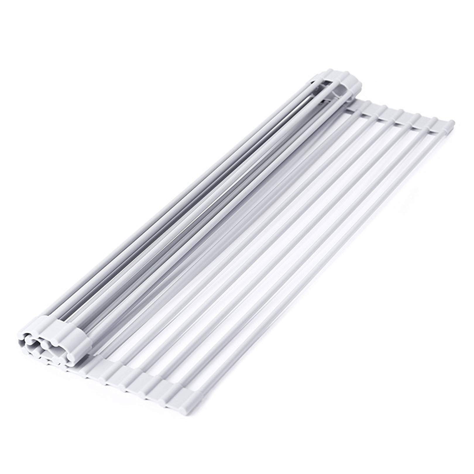 Stainless Steel Over Sink Dish Drying Rack - Collapsible Silicone Kitchen Drying Mat with Large Capacity (21.5x12.75 Inches), White | Space-Saving Solution for Small Kitchens & Dish Organization