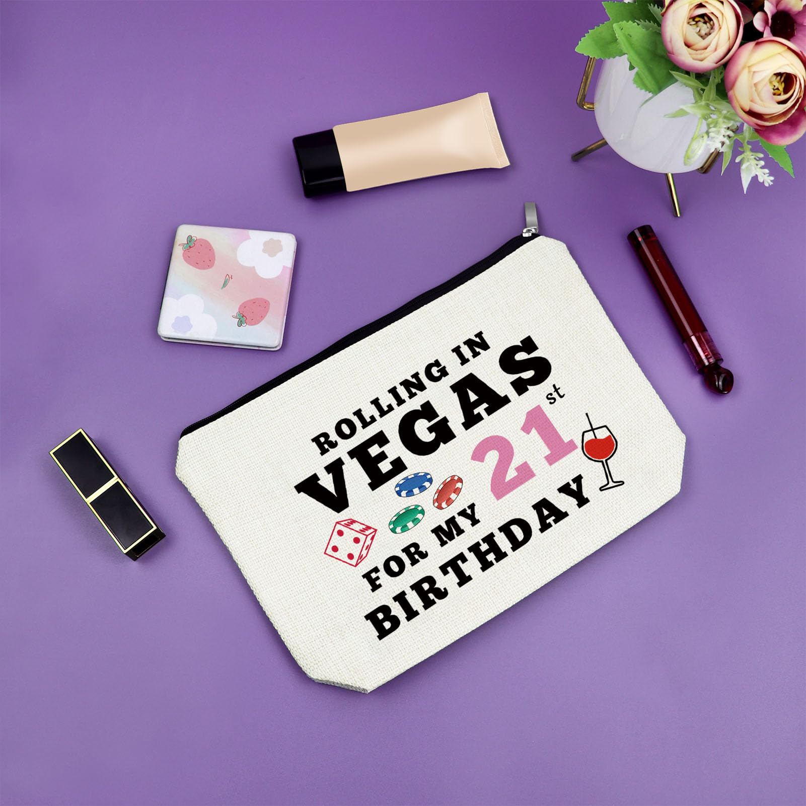 21st Birthday Makeup Bag - Vegas Themed Cosmetic Bag for Women, Perfect Gift for Daughter, Sister & Friends - Ideal for Travel, Vacation & Party Decorations